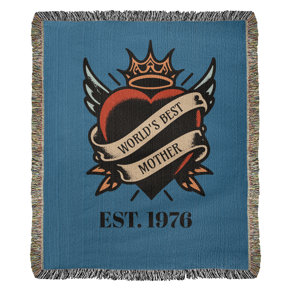 Custom Tattoo-Style Mother’s Day Blanket – “World’s Best Mother” Woven Throw with EST Year