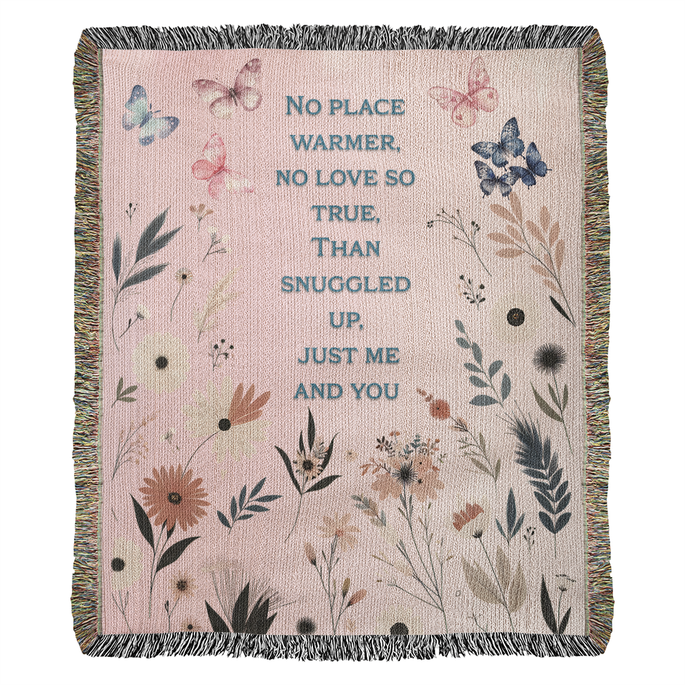 🦋 Family Snuggle Woven Blanket – Heirloom Gift with Touching Poem, Cottage Floral & Butterfly Design