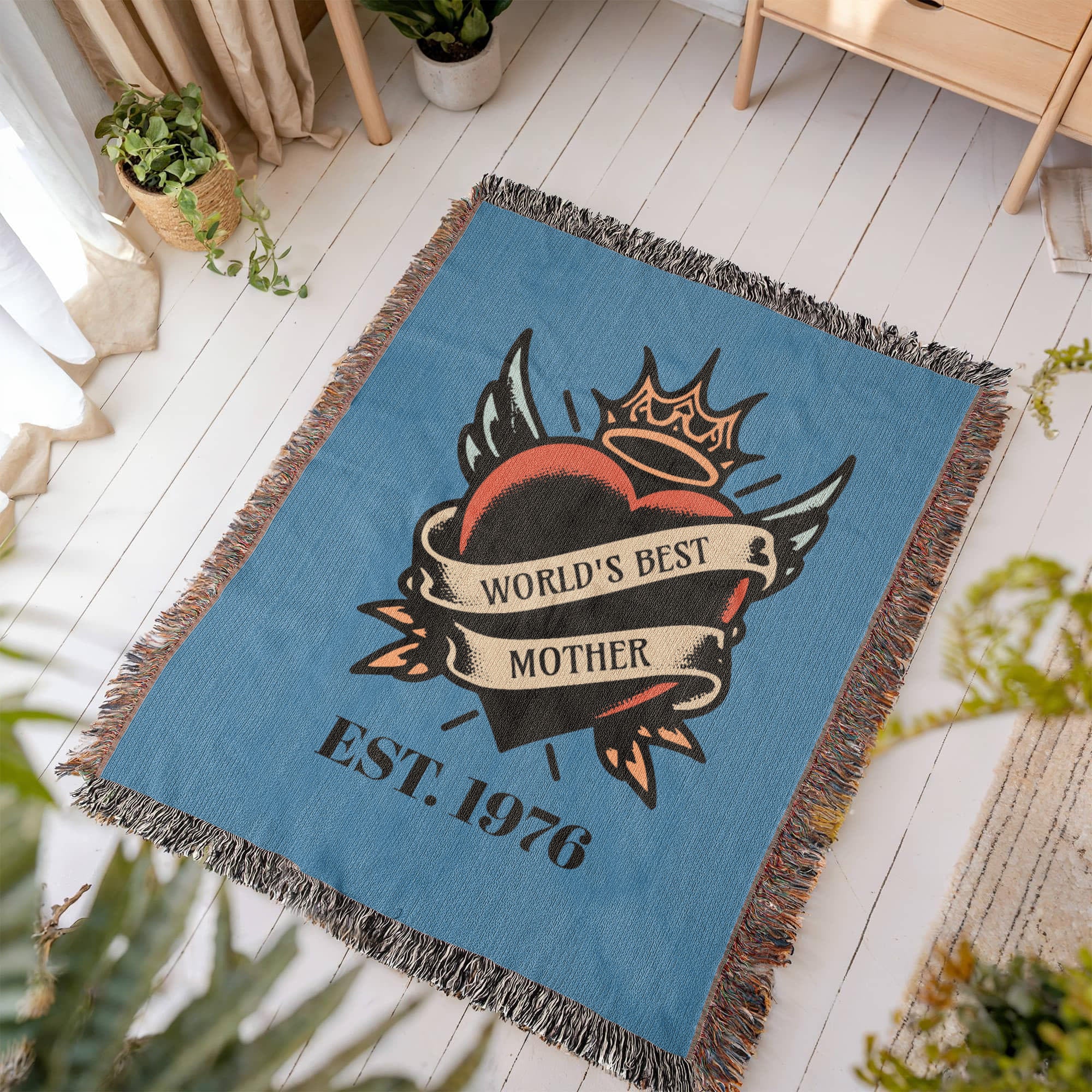 Custom Tattoo-Style Mother’s Day Blanket – “World’s Best Mother” Woven Throw with EST Year