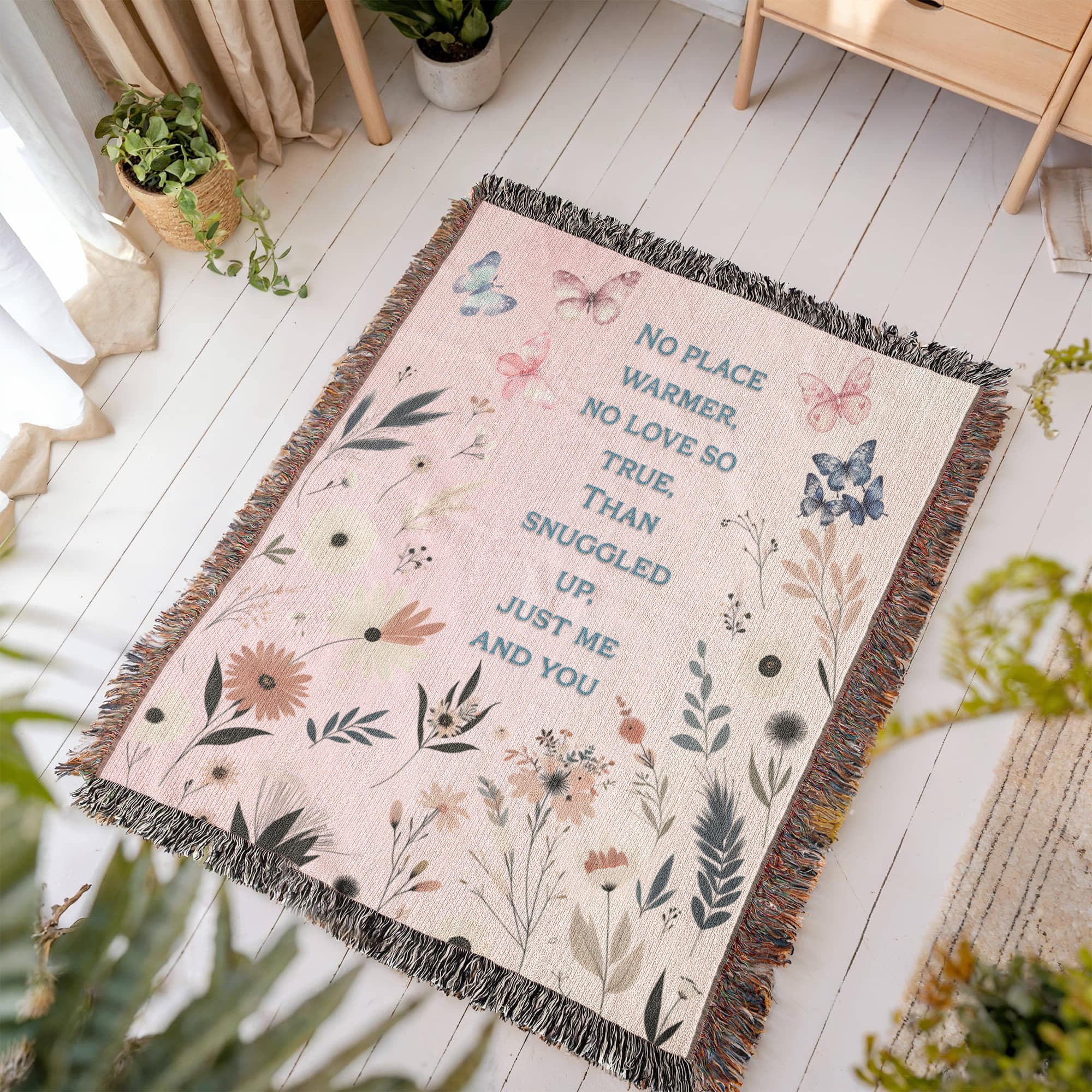 🦋 Family Snuggle Woven Blanket – Heirloom Gift with Touching Poem, Cottage Floral & Butterfly Design