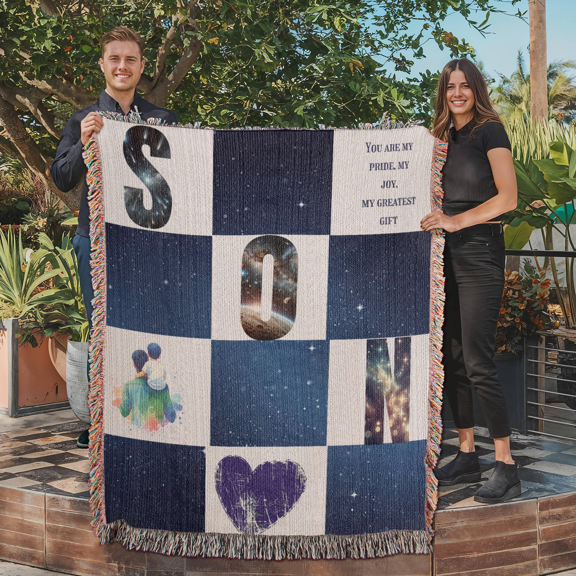 🌌 To My Son – Celestial Heirloom Woven Blanket | Personalized 100% Cotton Gift