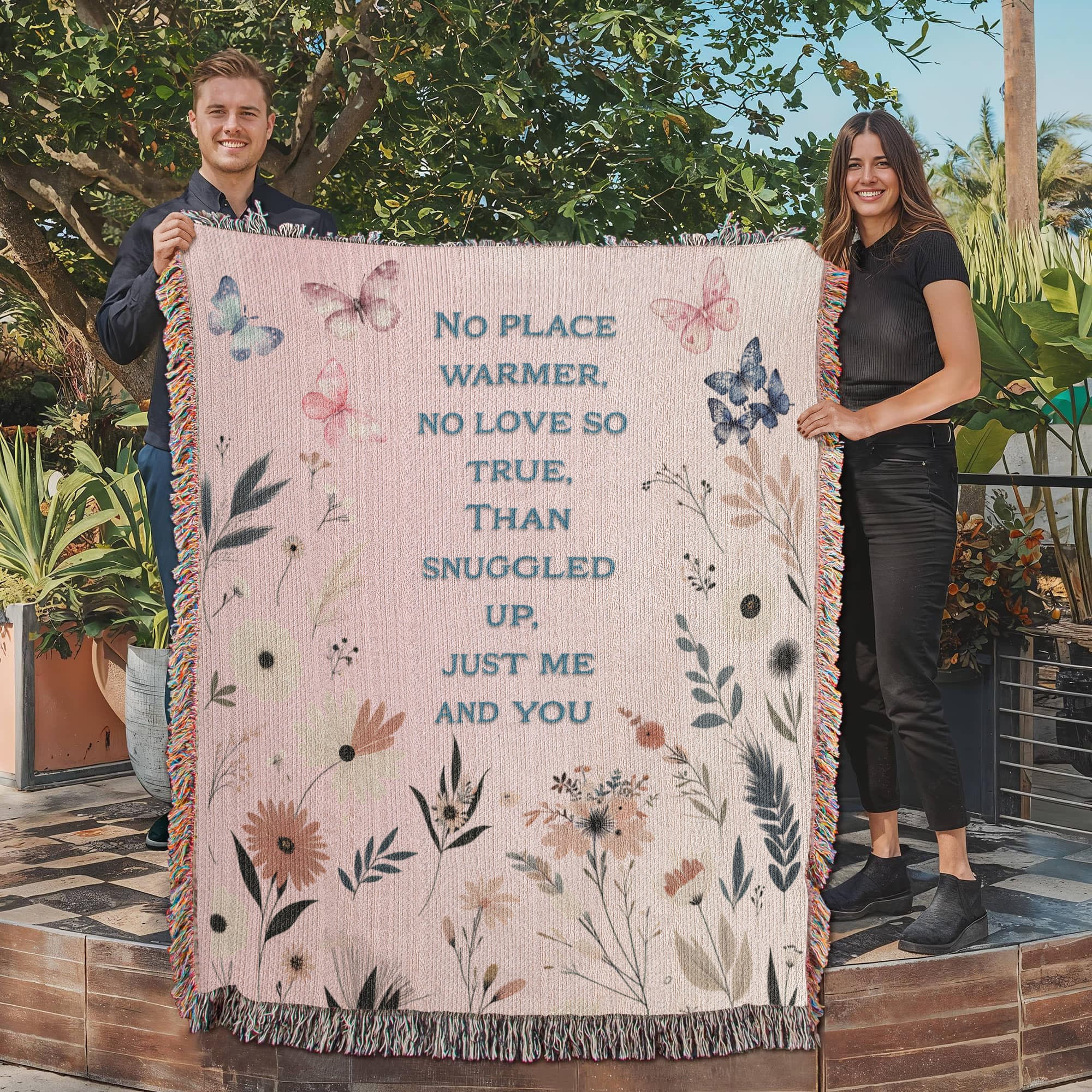 🦋 Family Snuggle Woven Blanket – Heirloom Gift with Touching Poem, Cottage Floral & Butterfly Design