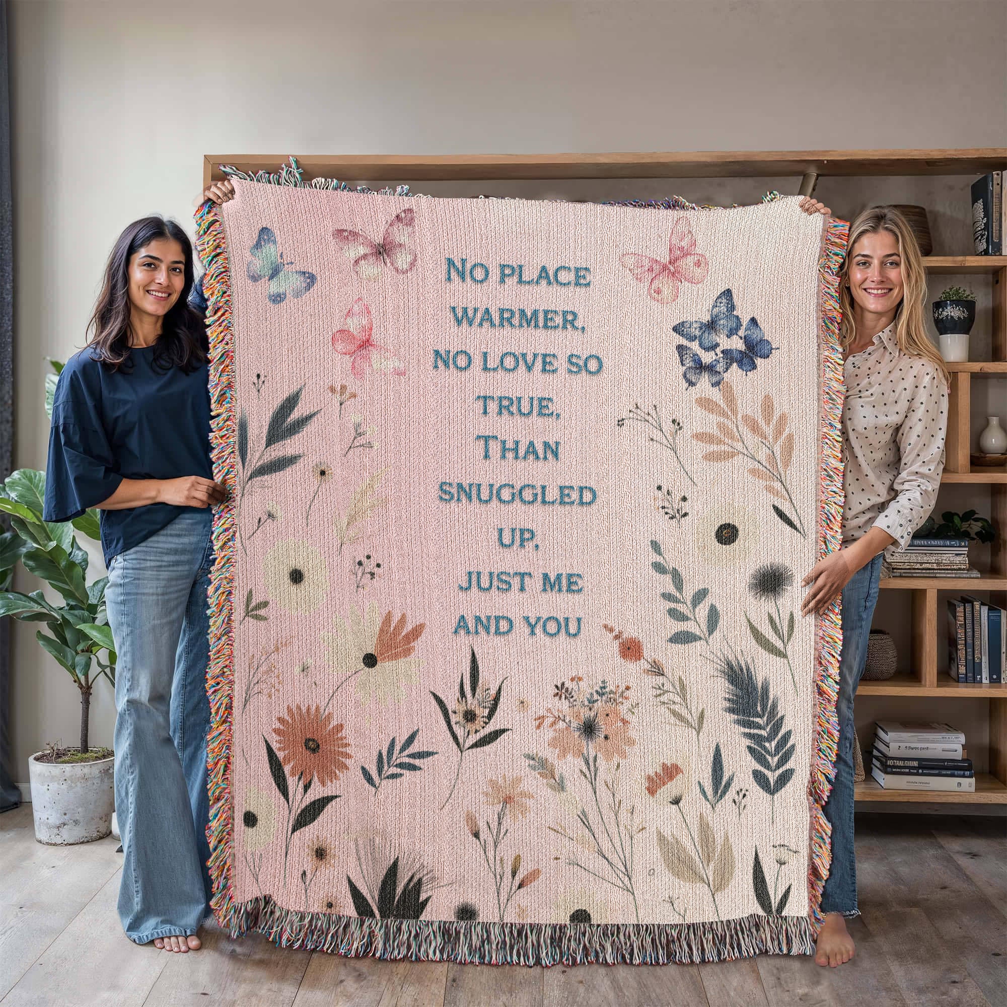 🦋 Family Snuggle Woven Blanket – Heirloom Gift with Touching Poem, Cottage Floral & Butterfly Design