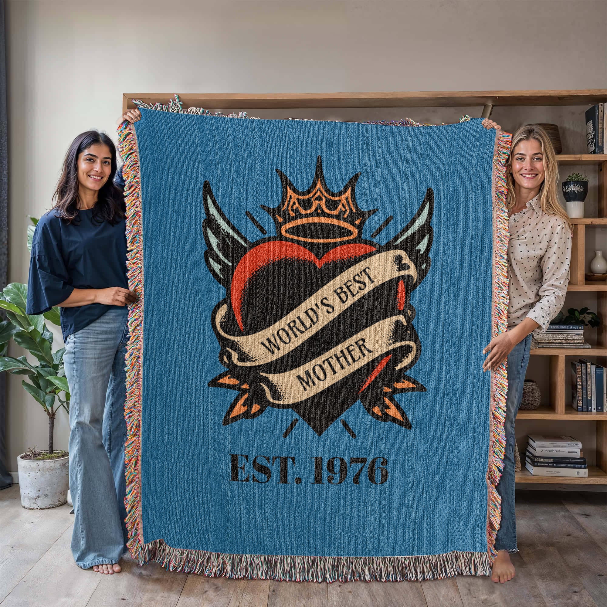 Custom Tattoo-Style Mother’s Day Blanket – “World’s Best Mother” Woven Throw with EST Year