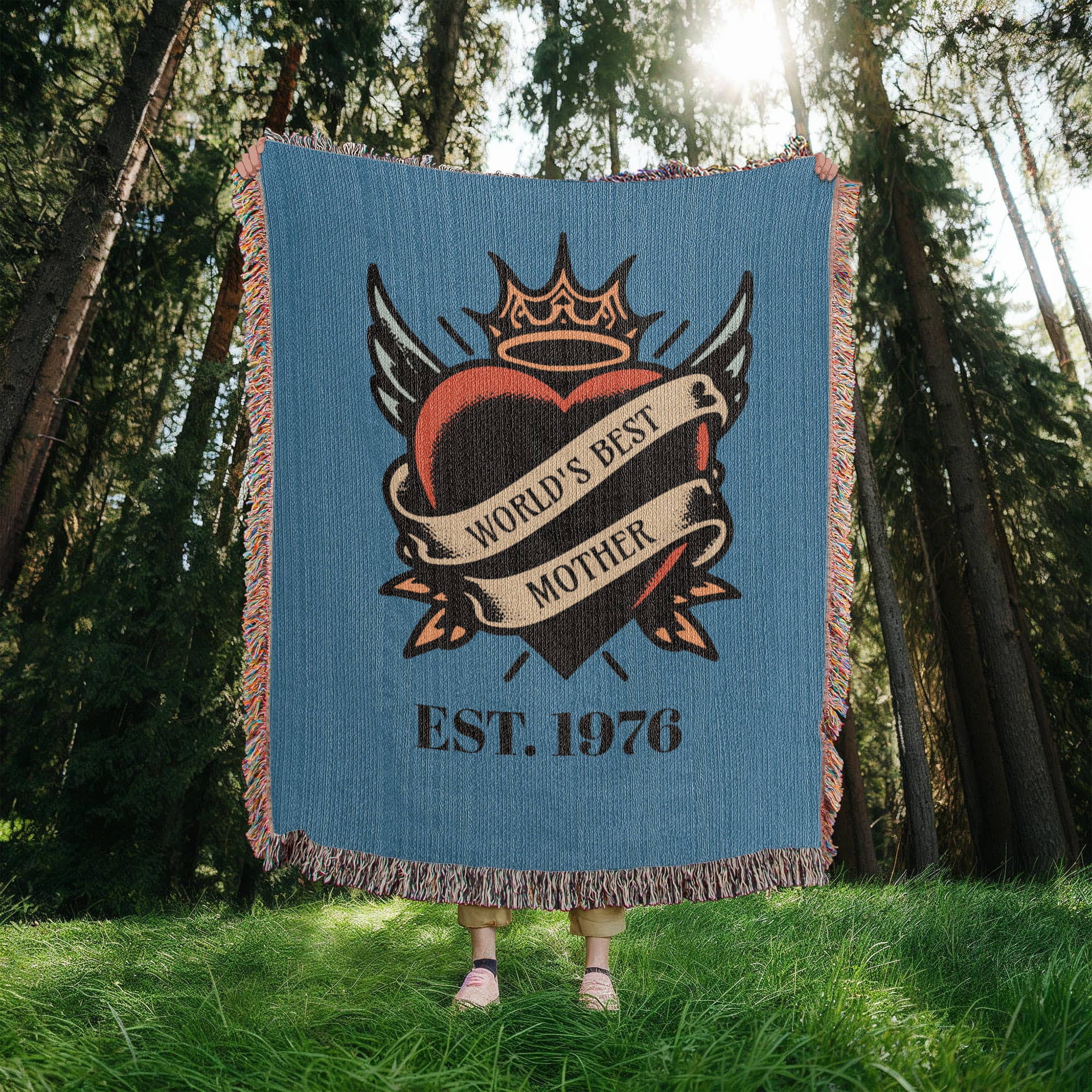 Custom Tattoo-Style Mother’s Day Blanket – “World’s Best Mother” Woven Throw with EST Year