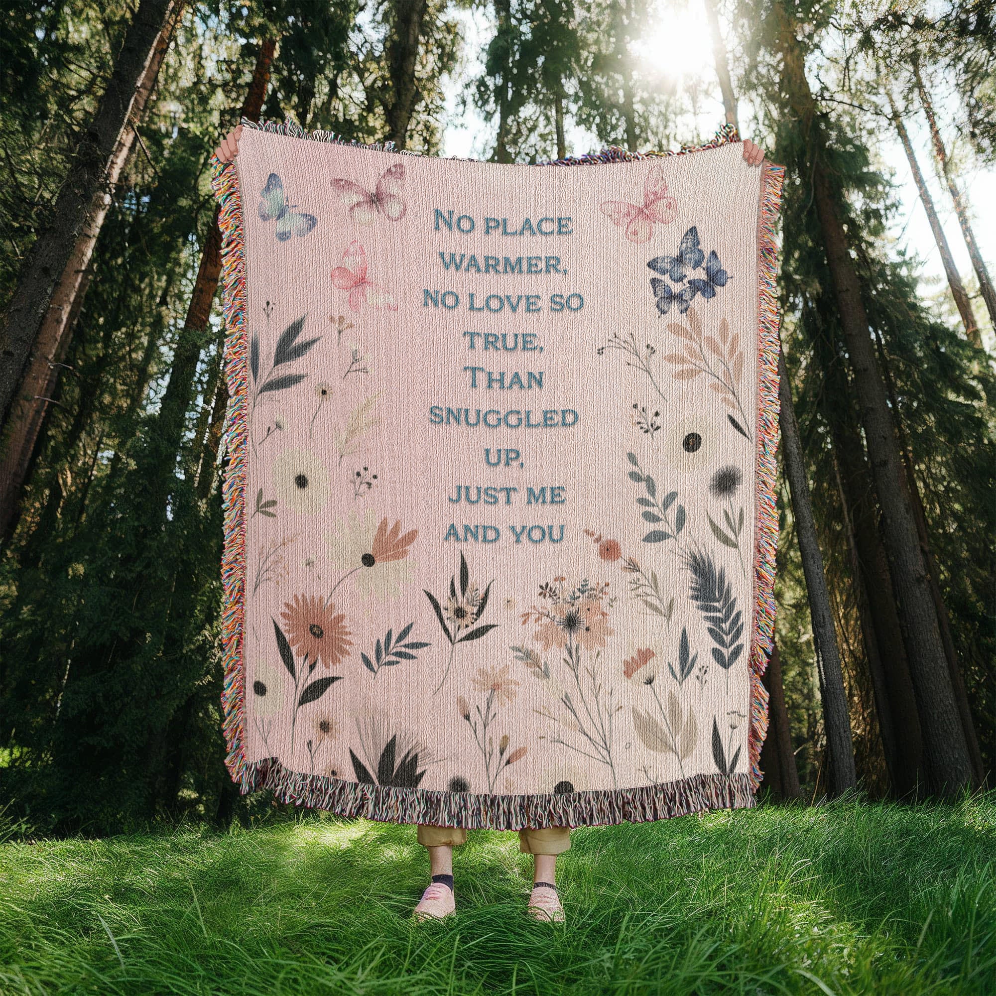 🦋 Family Snuggle Woven Blanket – Heirloom Gift with Touching Poem, Cottage Floral & Butterfly Design