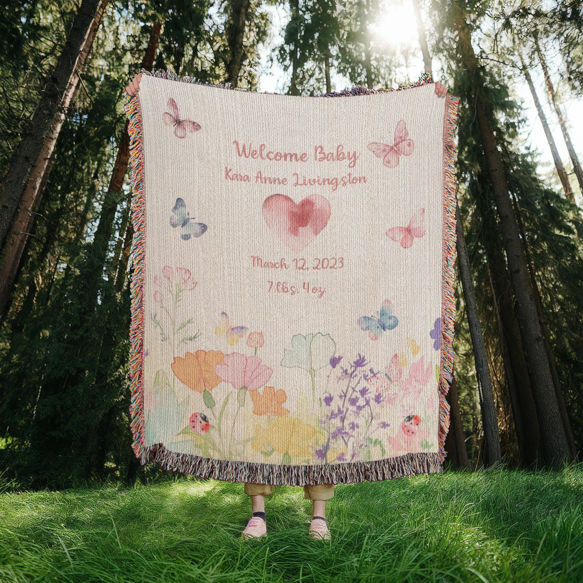🦋 Personalized New Baby Woven Blanket – Butterfly & Floral Heirloom Gift | Add Name, Birthdate & Weight
