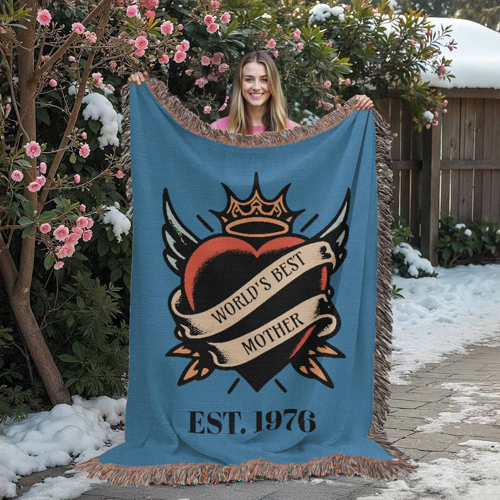 Custom Tattoo-Style Mother’s Day Blanket – “World’s Best Mother” Woven Throw with EST Year