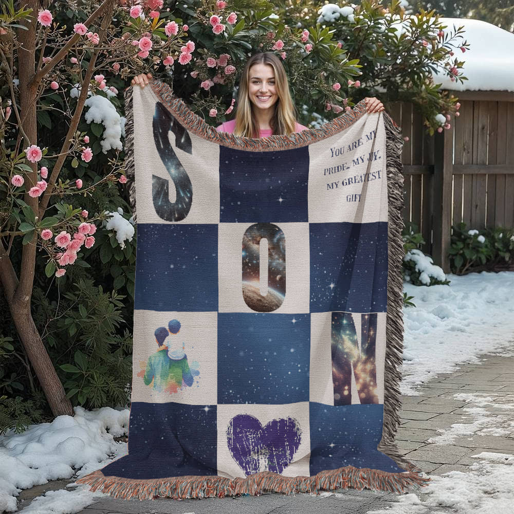 🌌 To My Son – Celestial Heirloom Woven Blanket | Personalized 100% Cotton Gift