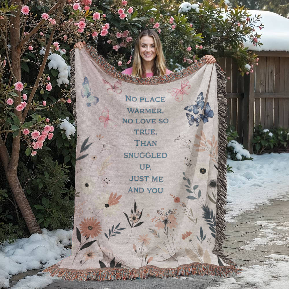 🦋 Family Snuggle Woven Blanket – Heirloom Gift with Touching Poem, Cottage Floral & Butterfly Design