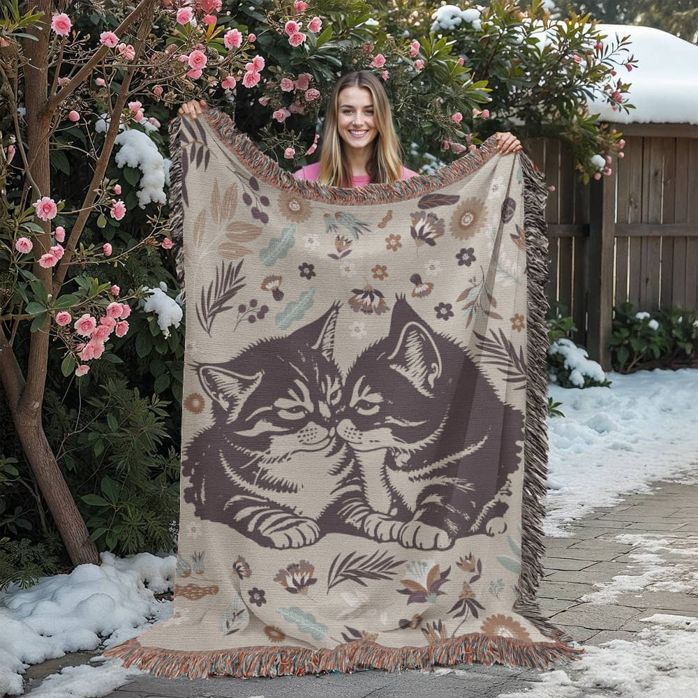 🐾 Snuggling Kitties – Woven Blanket