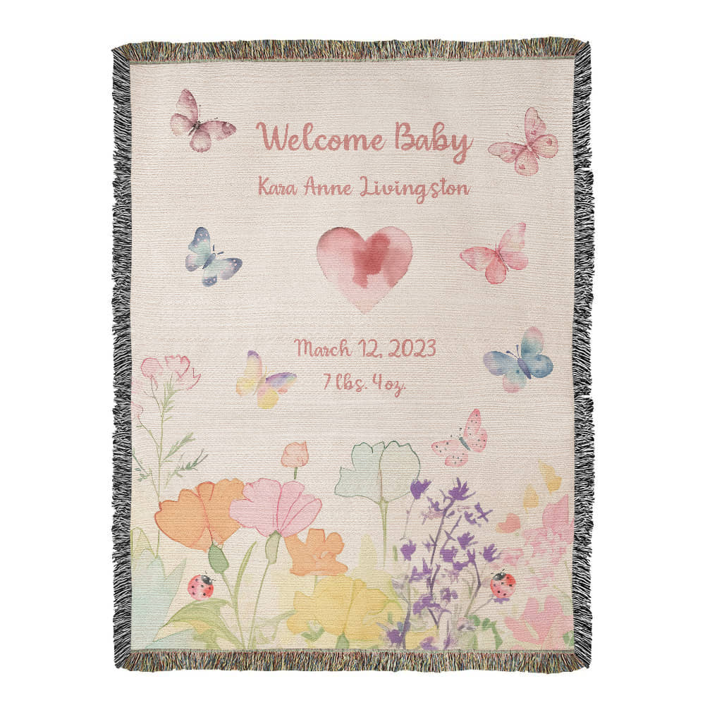 🦋 Personalized New Baby Woven Blanket – Butterfly & Floral Heirloom Gift | Add Name, Birthdate & Weight