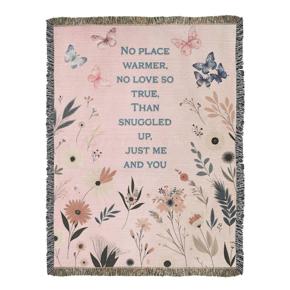 🦋 Family Snuggle Woven Blanket – Heirloom Gift with Touching Poem, Cottage Floral & Butterfly Design