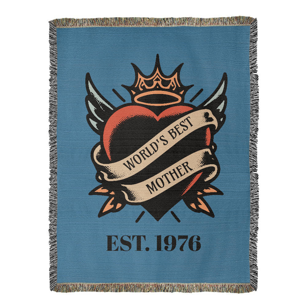 Custom Tattoo-Style Mother’s Day Blanket – “World’s Best Mother” Woven Throw with EST Year