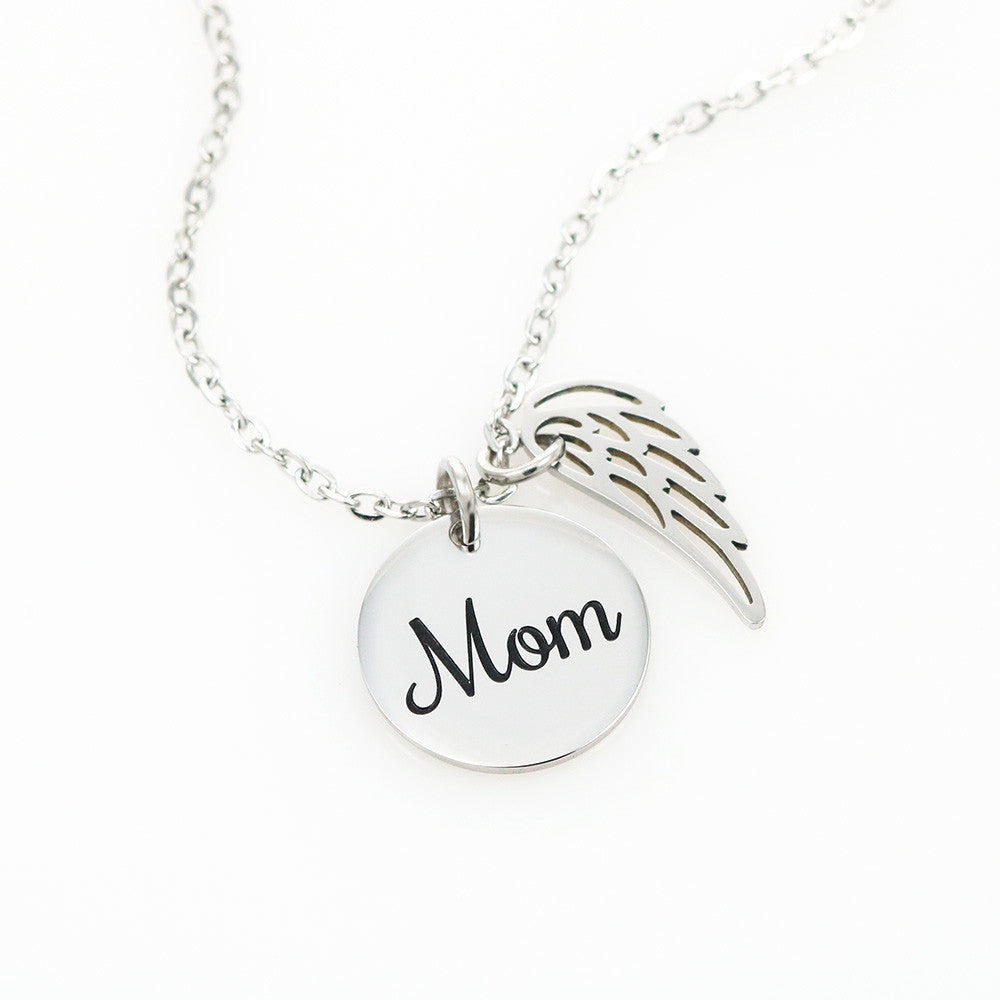 Memorial Necklace for Mom – Angel Wing & Disc Pendant – "Always in My Heart" Remembrance Gift