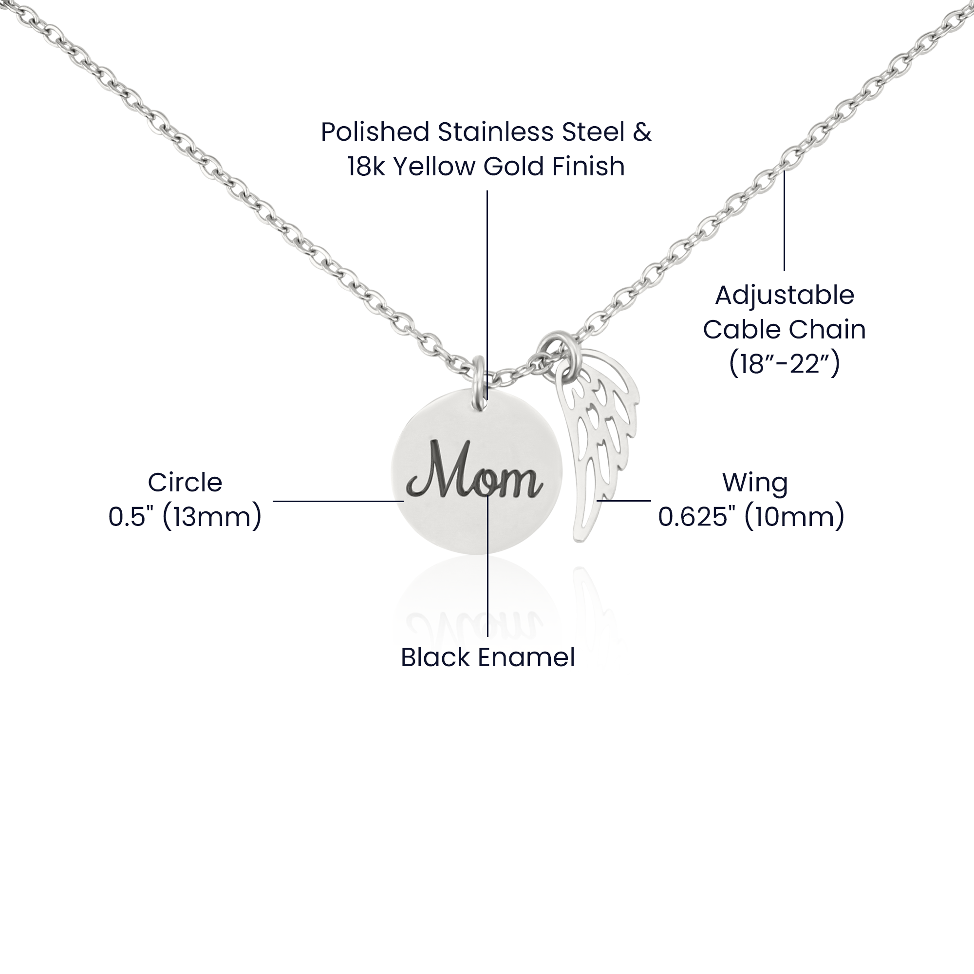 Memorial Necklace for Mom – Angel Wing & Disc Pendant – "Always in My Heart" Remembrance Gift