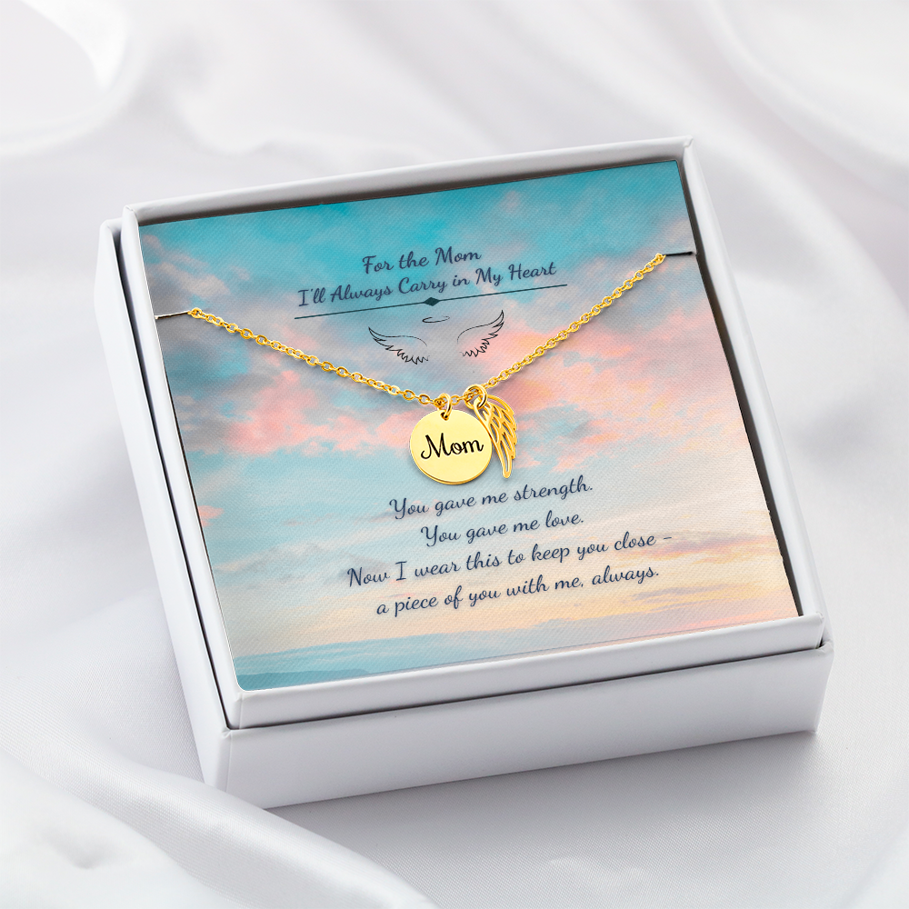 Memorial Necklace for Mom – Angel Wing & Disc Pendant – "Always in My Heart" Remembrance Gift