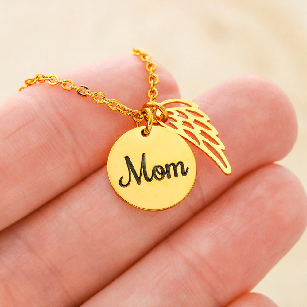 Memorial Necklace for Mom – Angel Wing & Disc Pendant – "Always in My Heart" Remembrance Gift