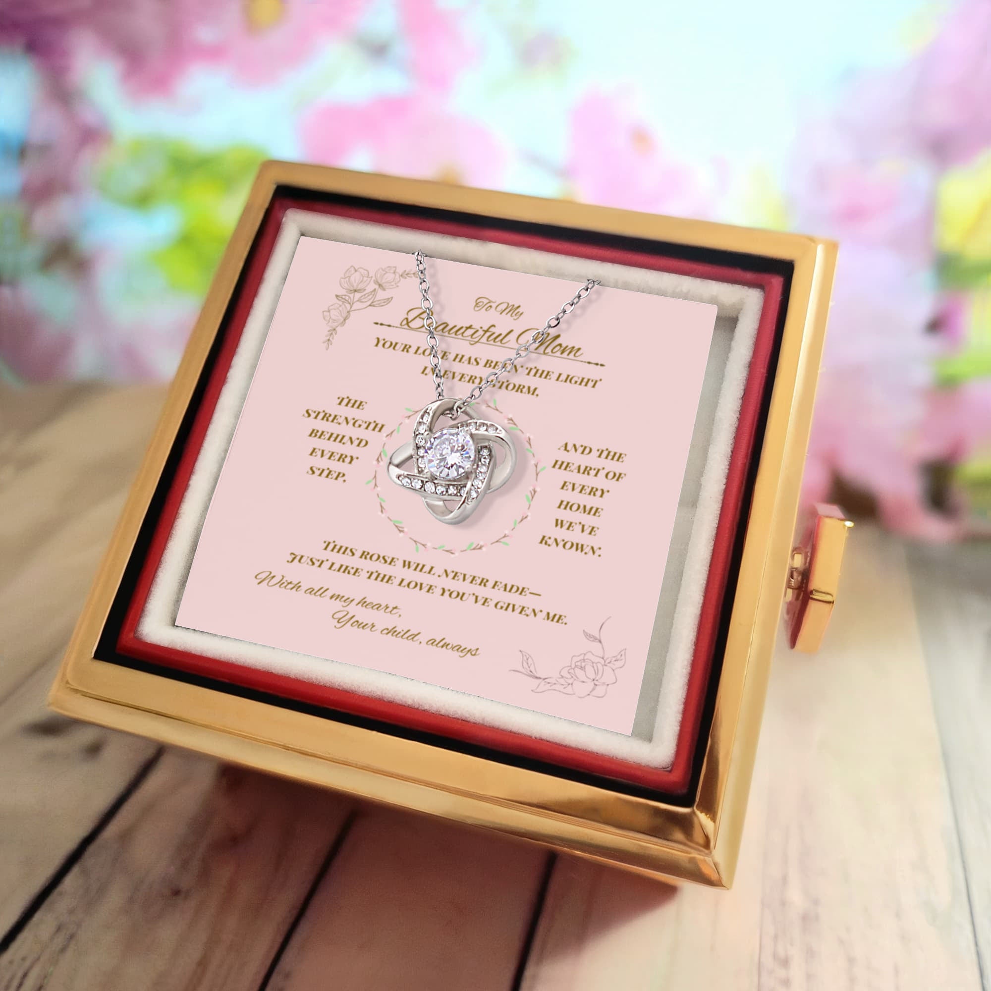 To My Beautiful Mom – Love Knot Necklace with Preserved Rose Box – Sentimental Gift from Daughter or Child