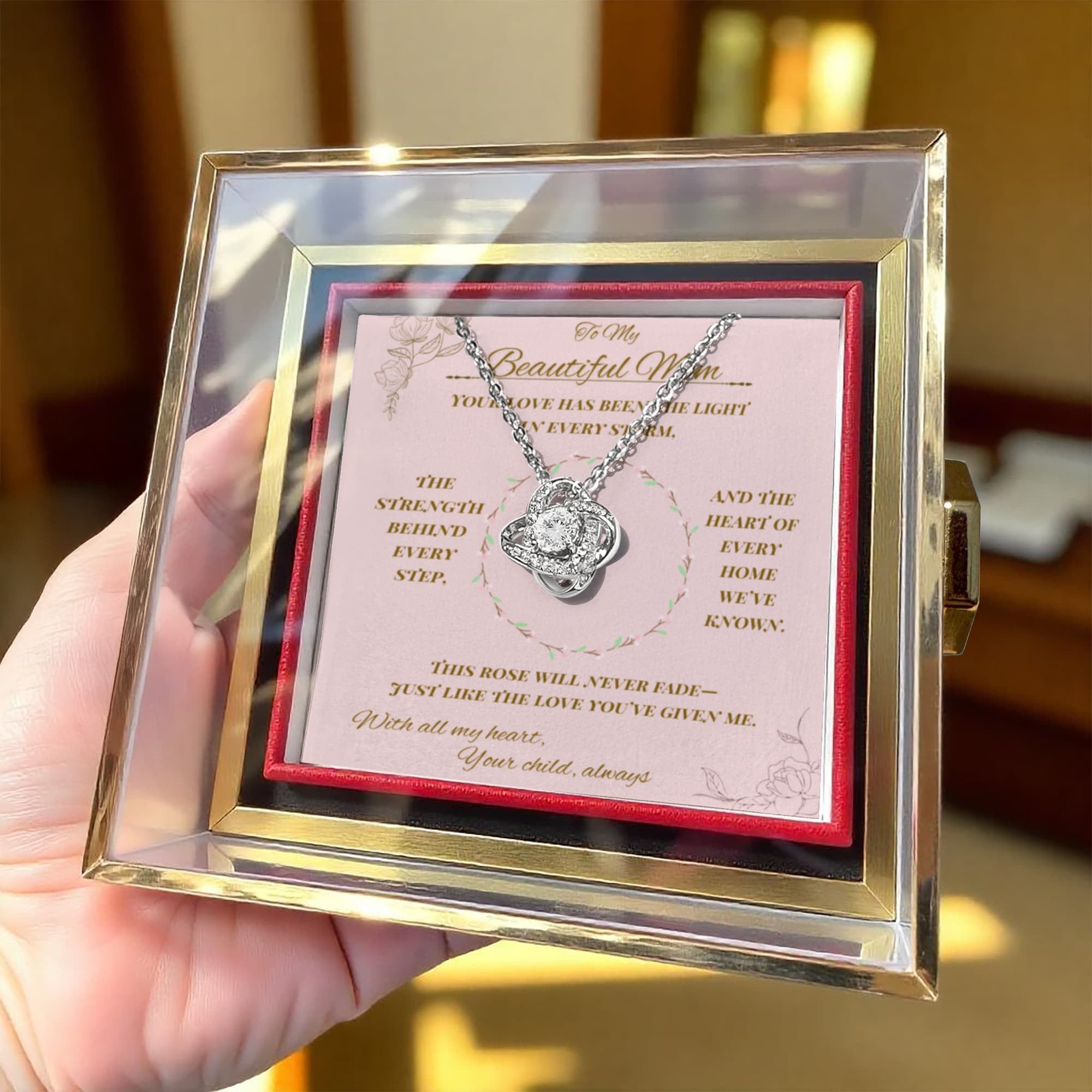 To My Beautiful Mom – Love Knot Necklace with Preserved Rose Box – Sentimental Gift from Daughter or Child