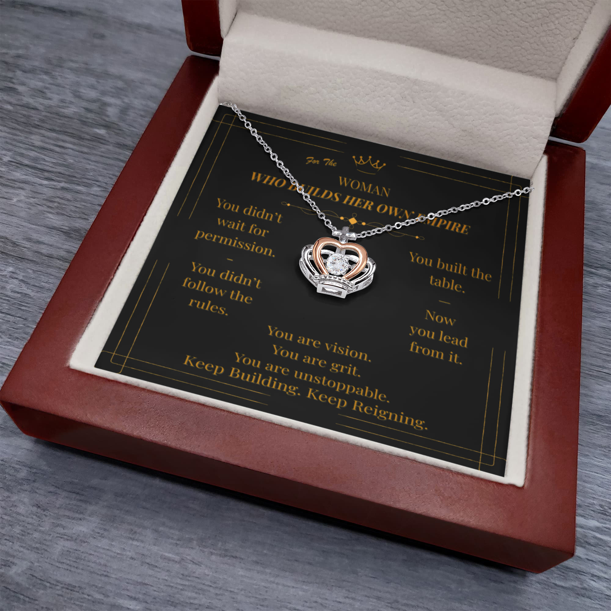 To the Woman Who Builds Her Own Empire – Sterling Silver Crown Necklace with Empowering Message Card
