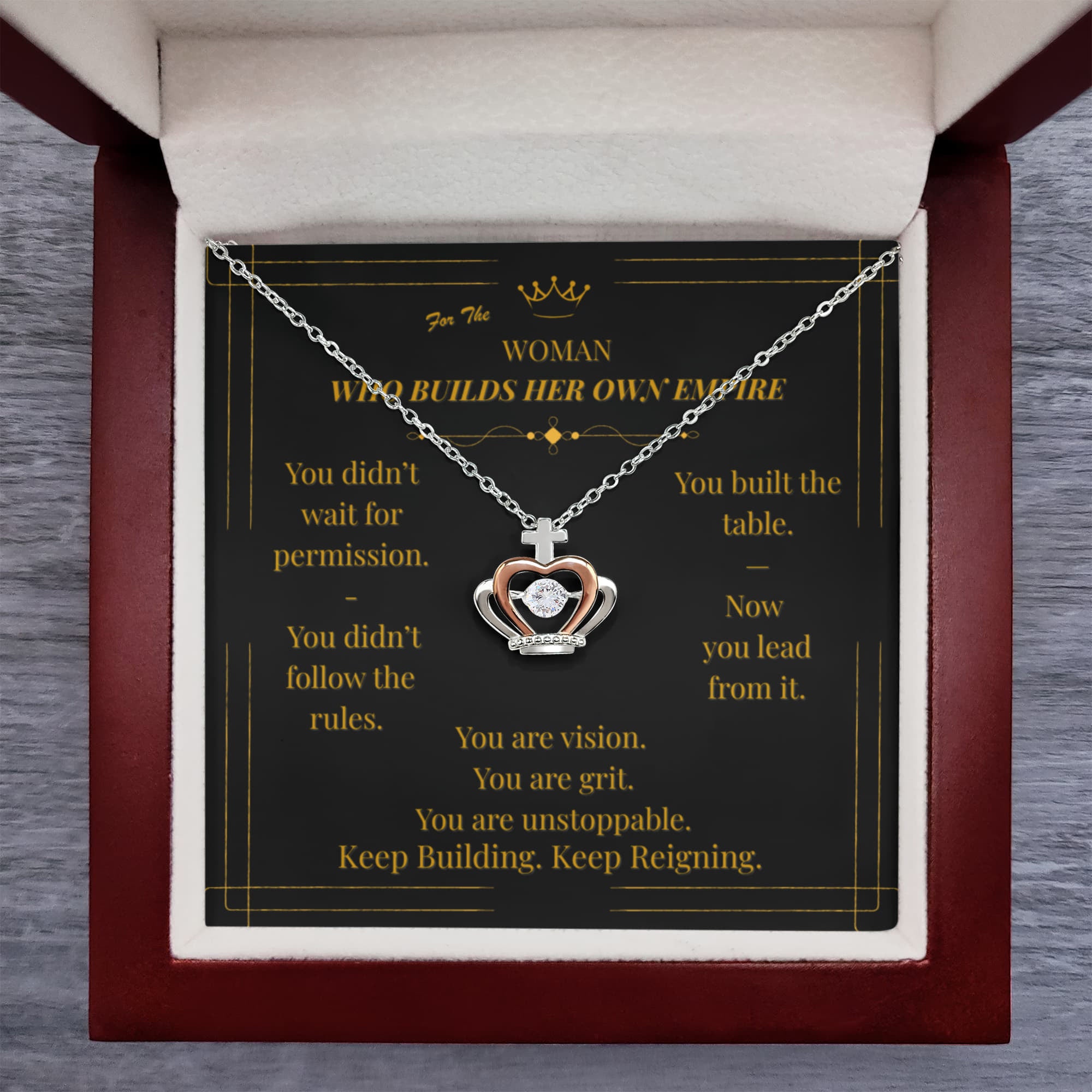 To the Woman Who Builds Her Own Empire – Sterling Silver Crown Necklace with Empowering Message Card