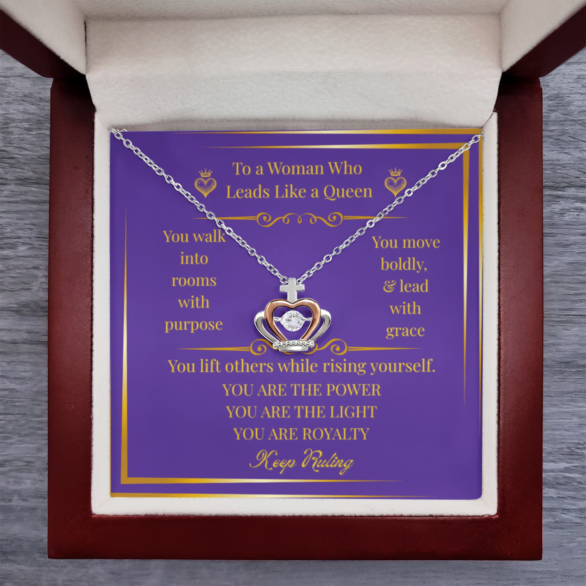 To a Woman Who Leads Like a Queen – Sterling Silver Crown Necklace with Empowering Message Card