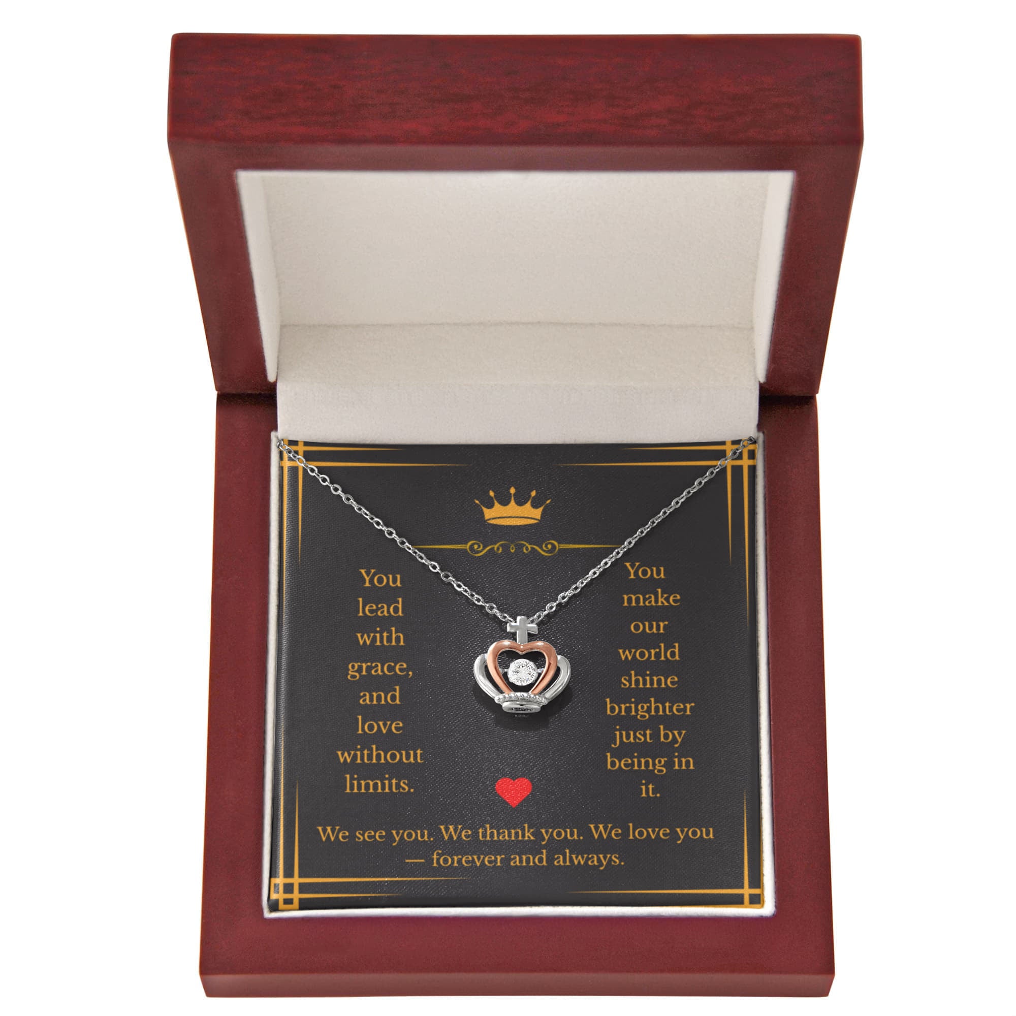 “To the Queen of Our Hearts” Crown Necklace – Elegant Gift with Message Card