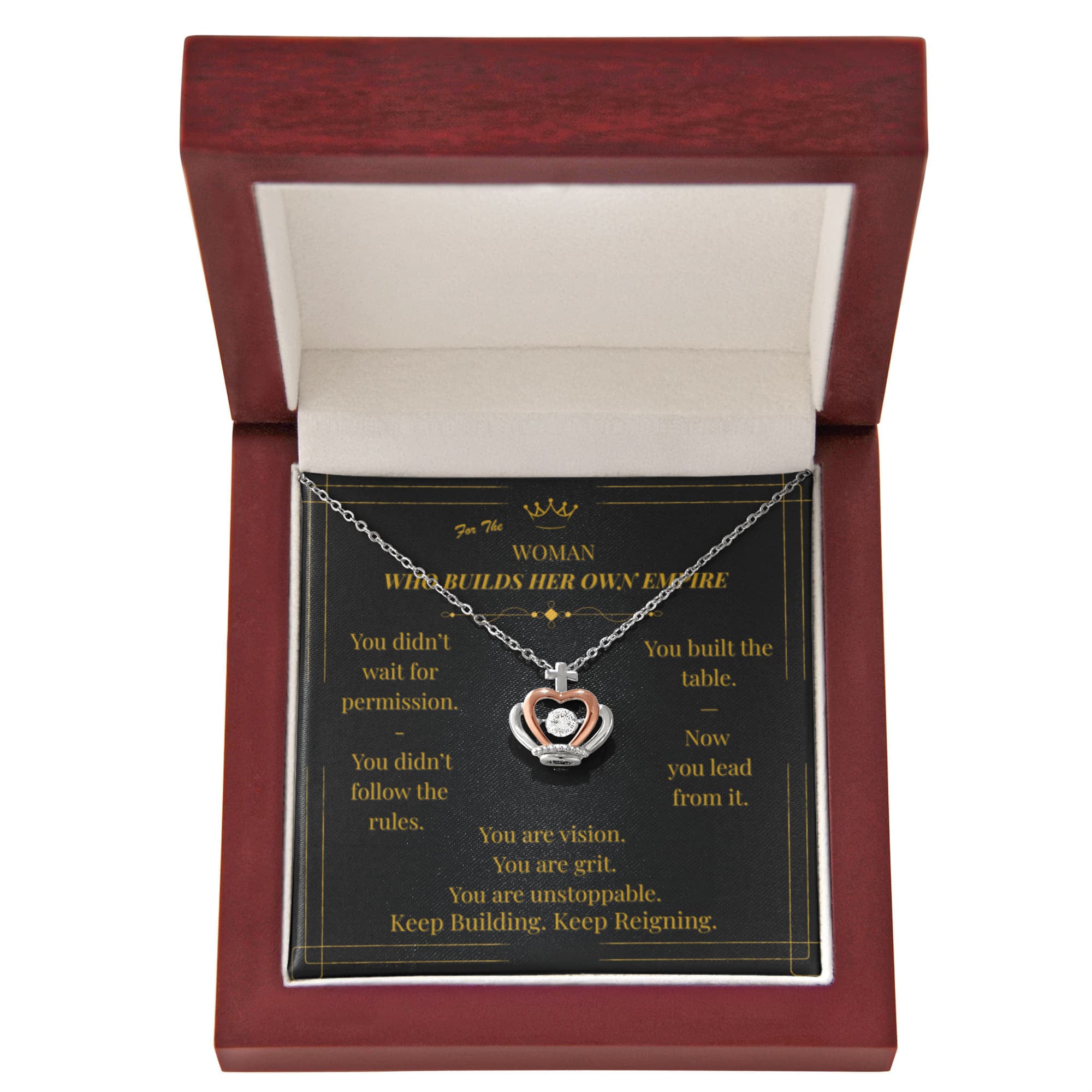 To the Woman Who Builds Her Own Empire – Sterling Silver Crown Necklace with Empowering Message Card
