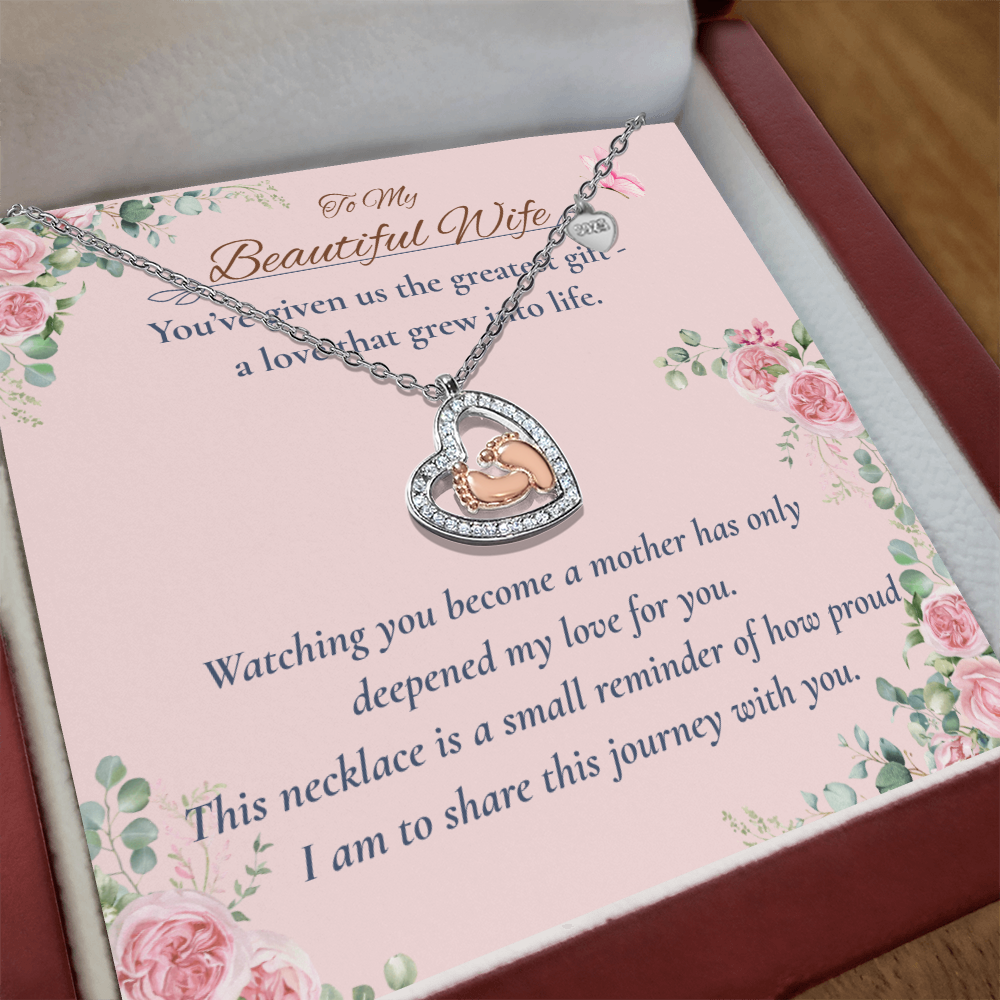 To My Beautiful Wife – New Mom Necklace with Baby Feet Heart Pendant – Motherhood Gift from Husband