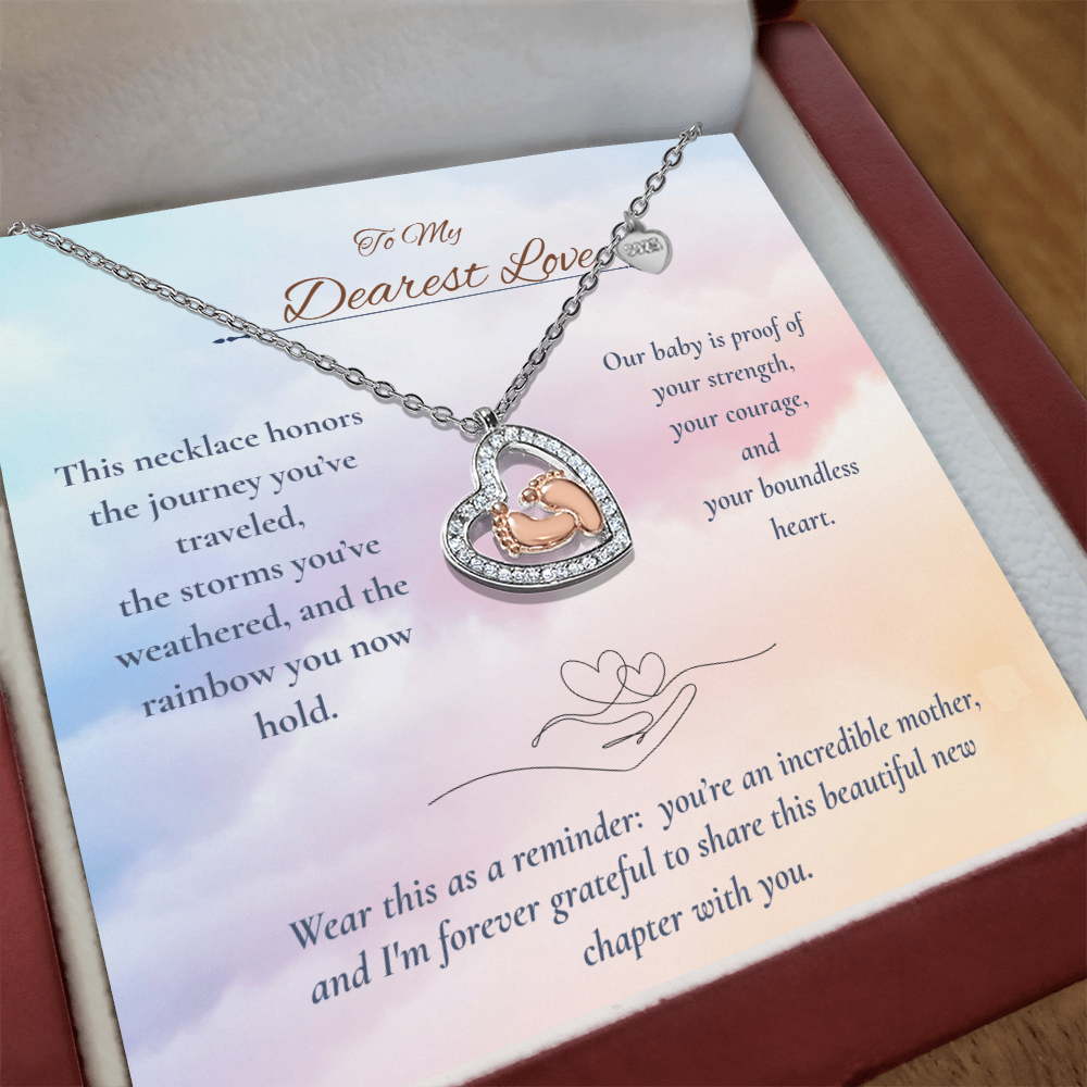 Rainbow Baby Necklace – Heart & Baby Feet Pendant – Pregnancy After Loss Gift for Mom