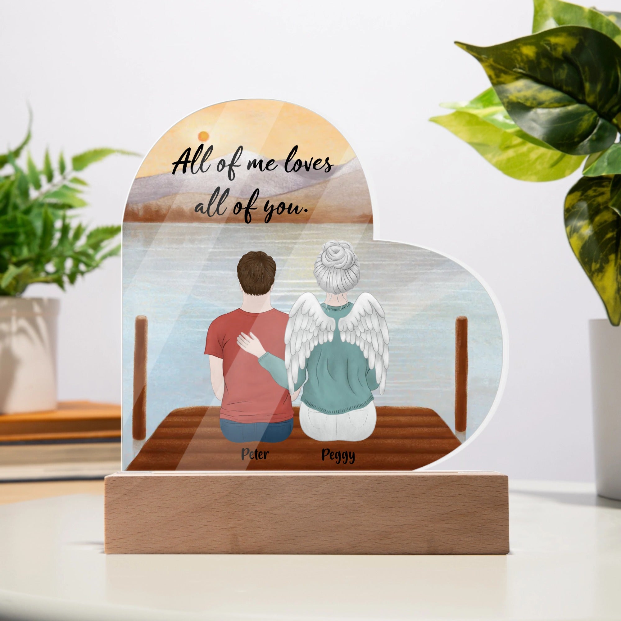 ๐ Custom Heart Acrylic Plaque โ Mother & Child with Optional Angel Wings