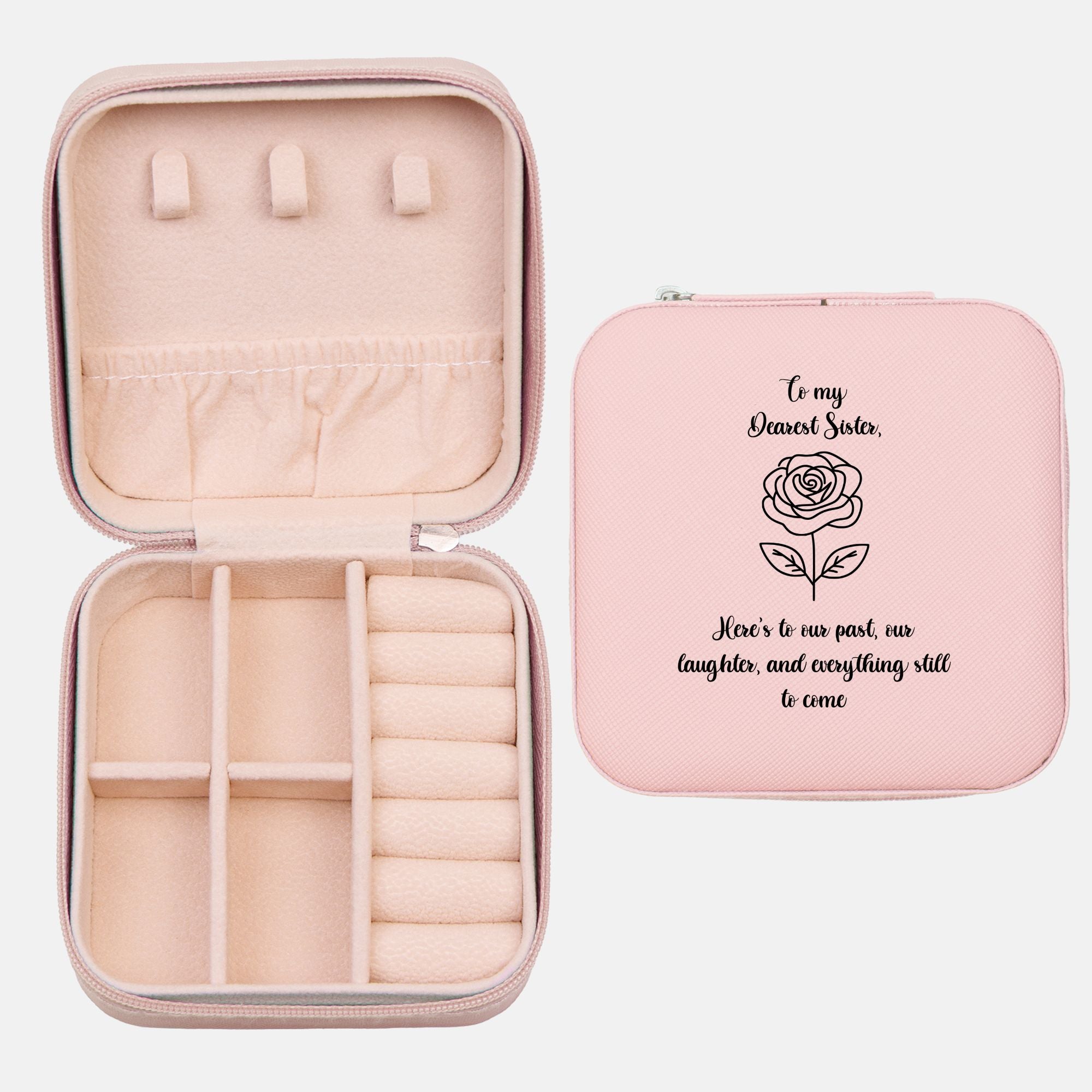 💞 To My Sister – “Here’s to Our Past” Jewelry Travel Case | Compact Faux Leather Organizer