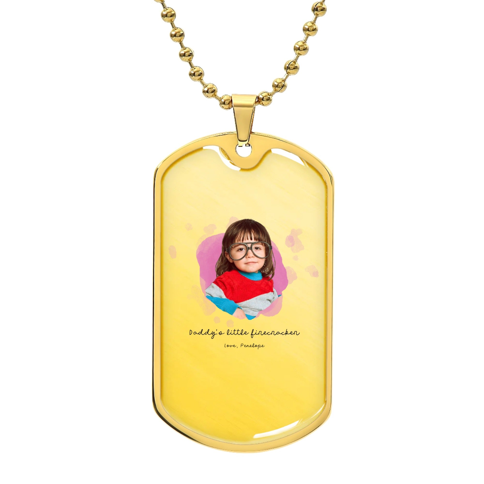 🐾 Custom Photo with Watercolor Splash and Message – Luxury Dog Tag on Military Chain