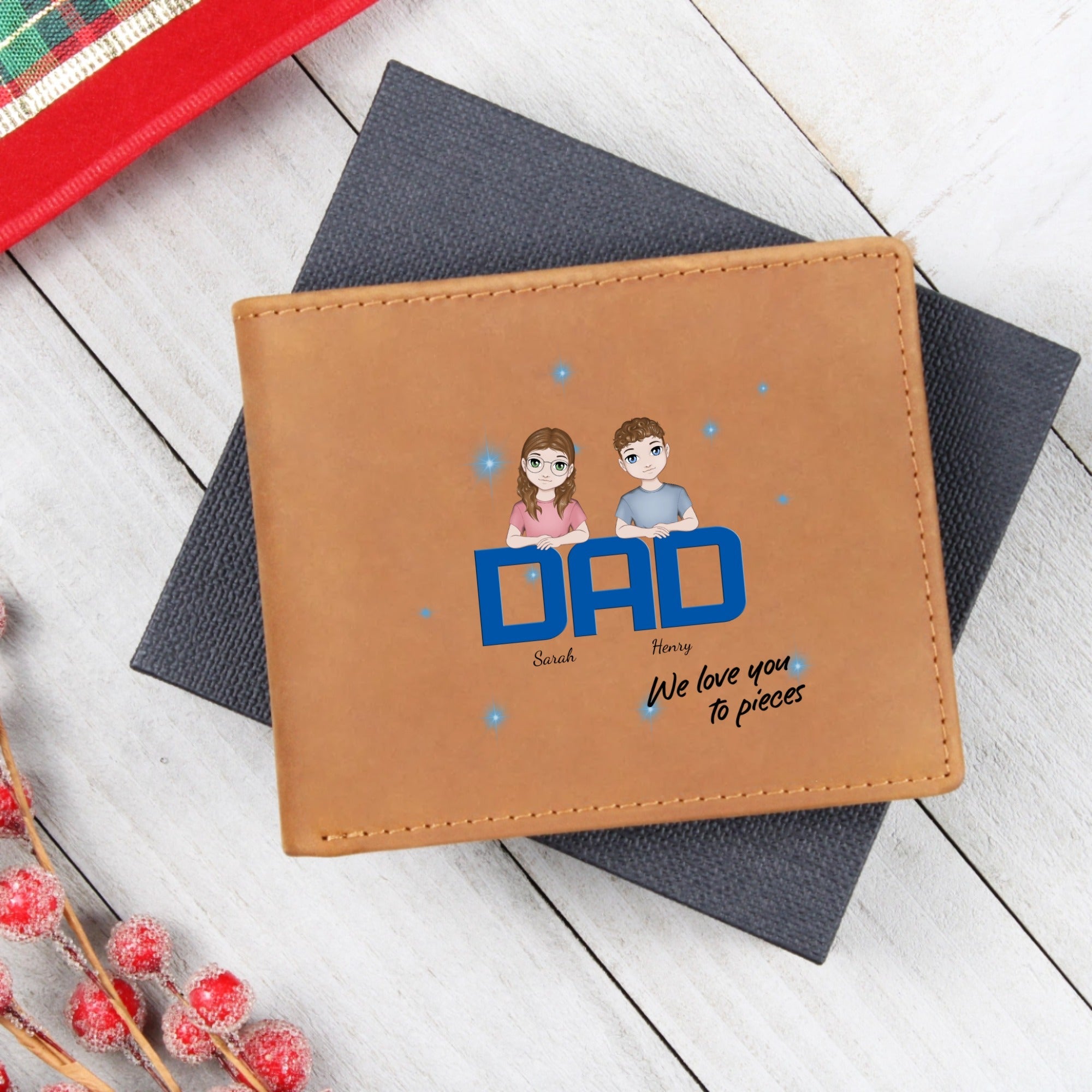 👨👧👦 Personalized Kids & Dad Wallet – Custom Leather Bifold with Child Avatars & Names