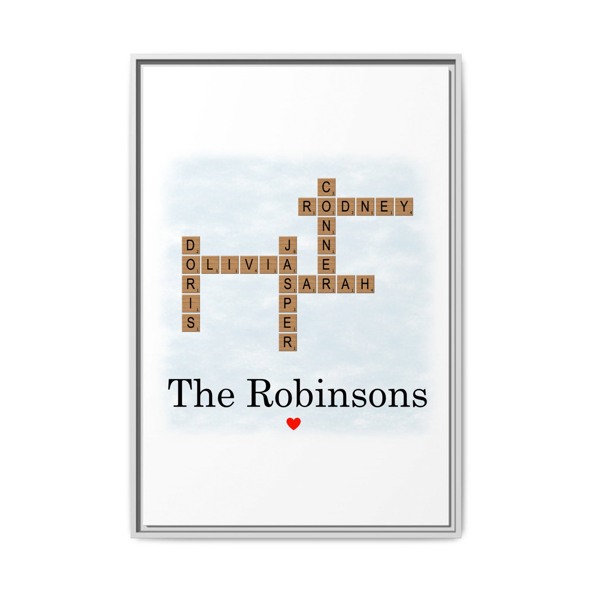 Custom Family Crossword Canvas – Personalized Framed Wall Art with Names, Heart Symbol & Background Options