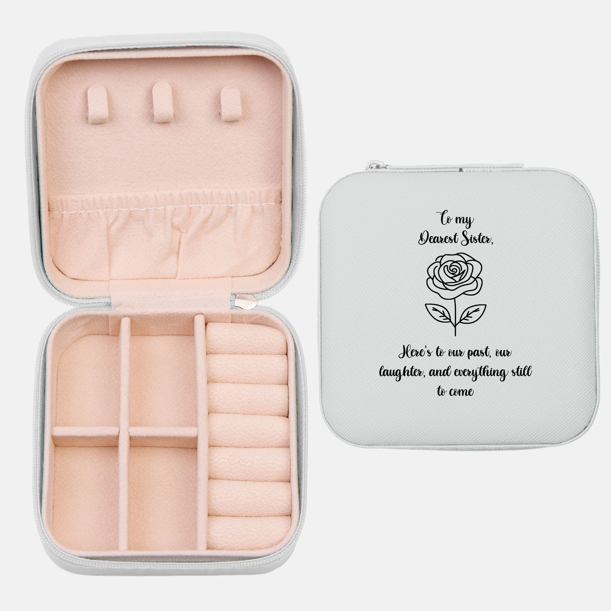 💞 To My Sister – “Here’s to Our Past” Jewelry Travel Case | Compact Faux Leather Organizer