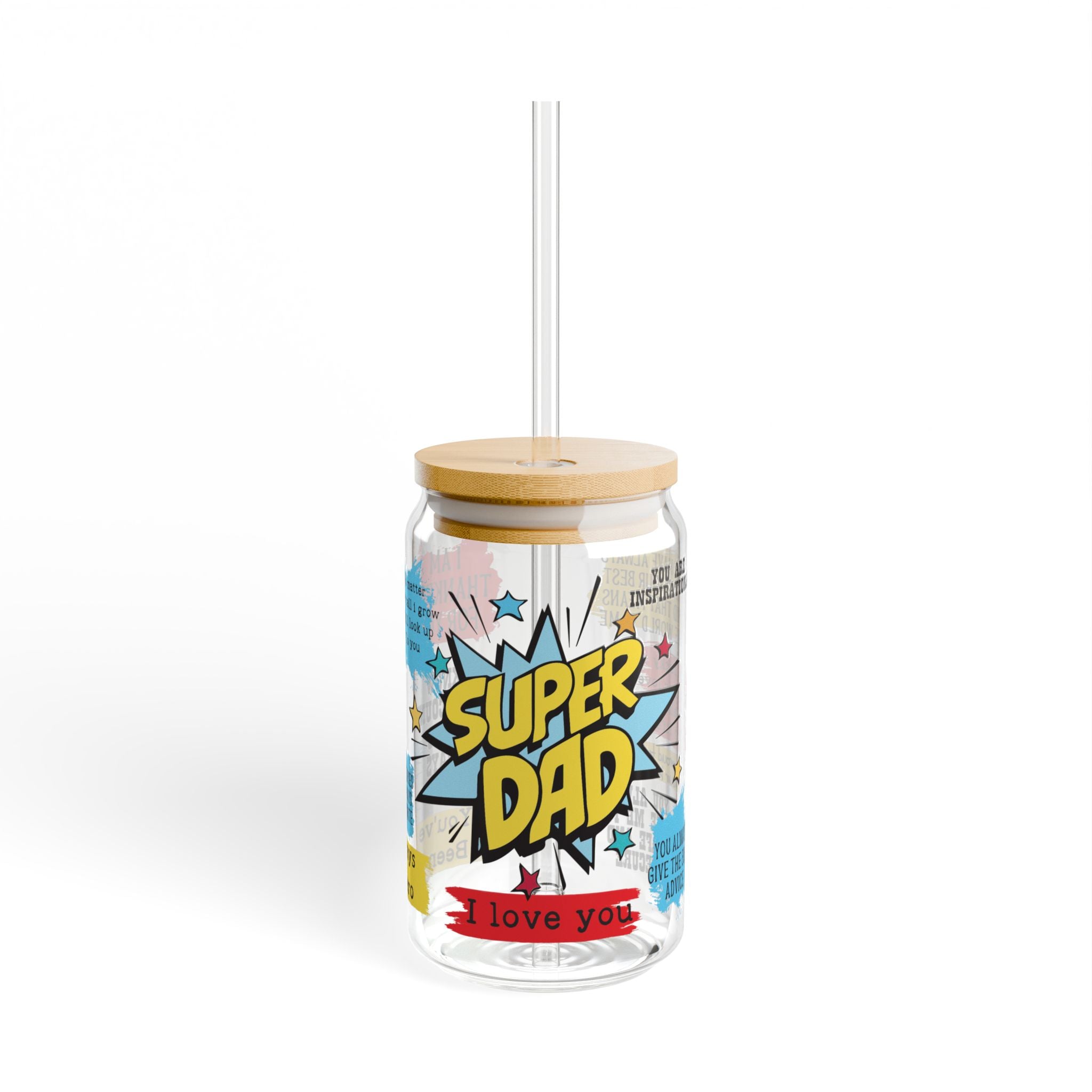 Super Dad Glass Tumbler – 16oz Reusable Cup with Bamboo Lid – Eco-Friendly Father’s Day Gift