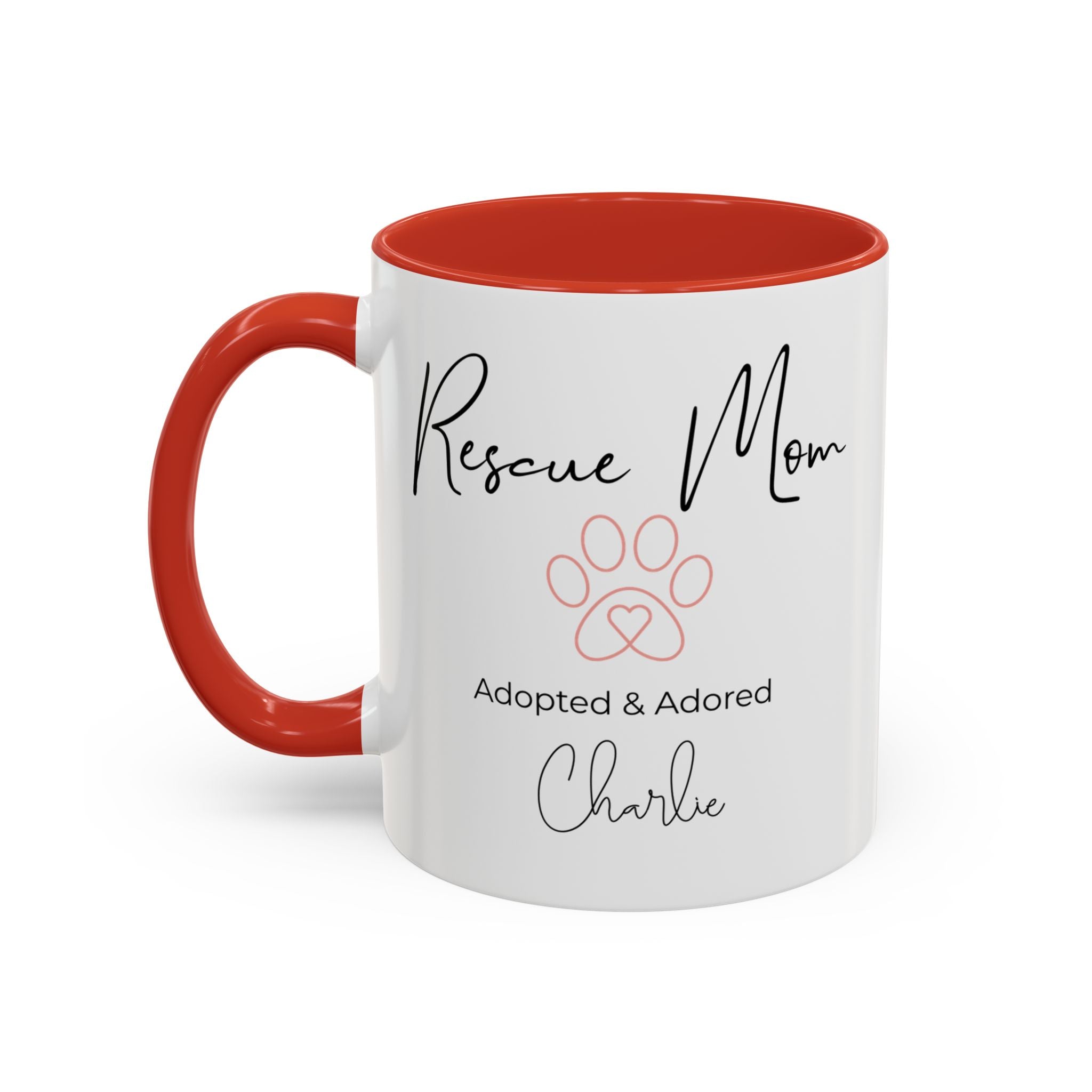 Rescue Mom Mug with Pet Name – Personalized Dog Lover Gift, Adopted & Adored, 15oz Accent Coffee Mug, Dishwasher Safe, USA Made