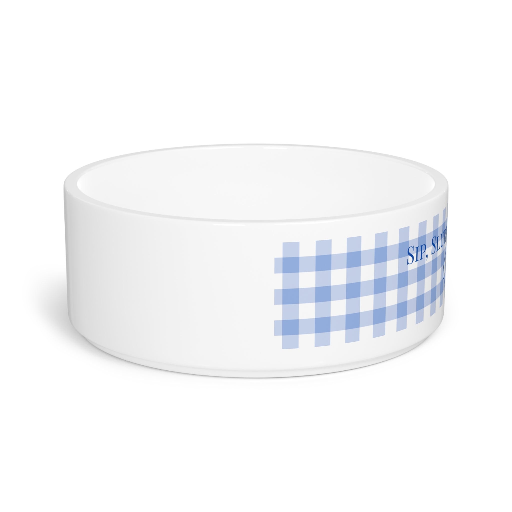 Personalized Dog Water Bowl – “Sip, Slurp, Love. Repeat.” Custom Ceramic Pet Dish with Blue Gingham Design