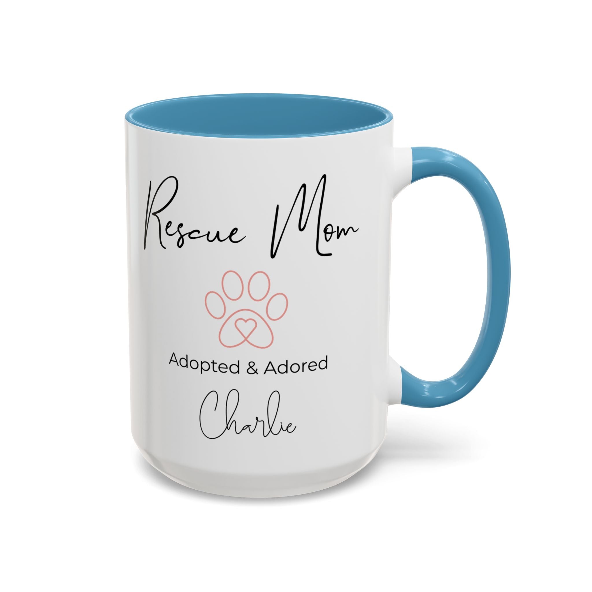 Rescue Mom Mug with Pet Name – Personalized Dog Lover Gift, Adopted & Adored, 15oz Accent Coffee Mug, Dishwasher Safe, USA Made