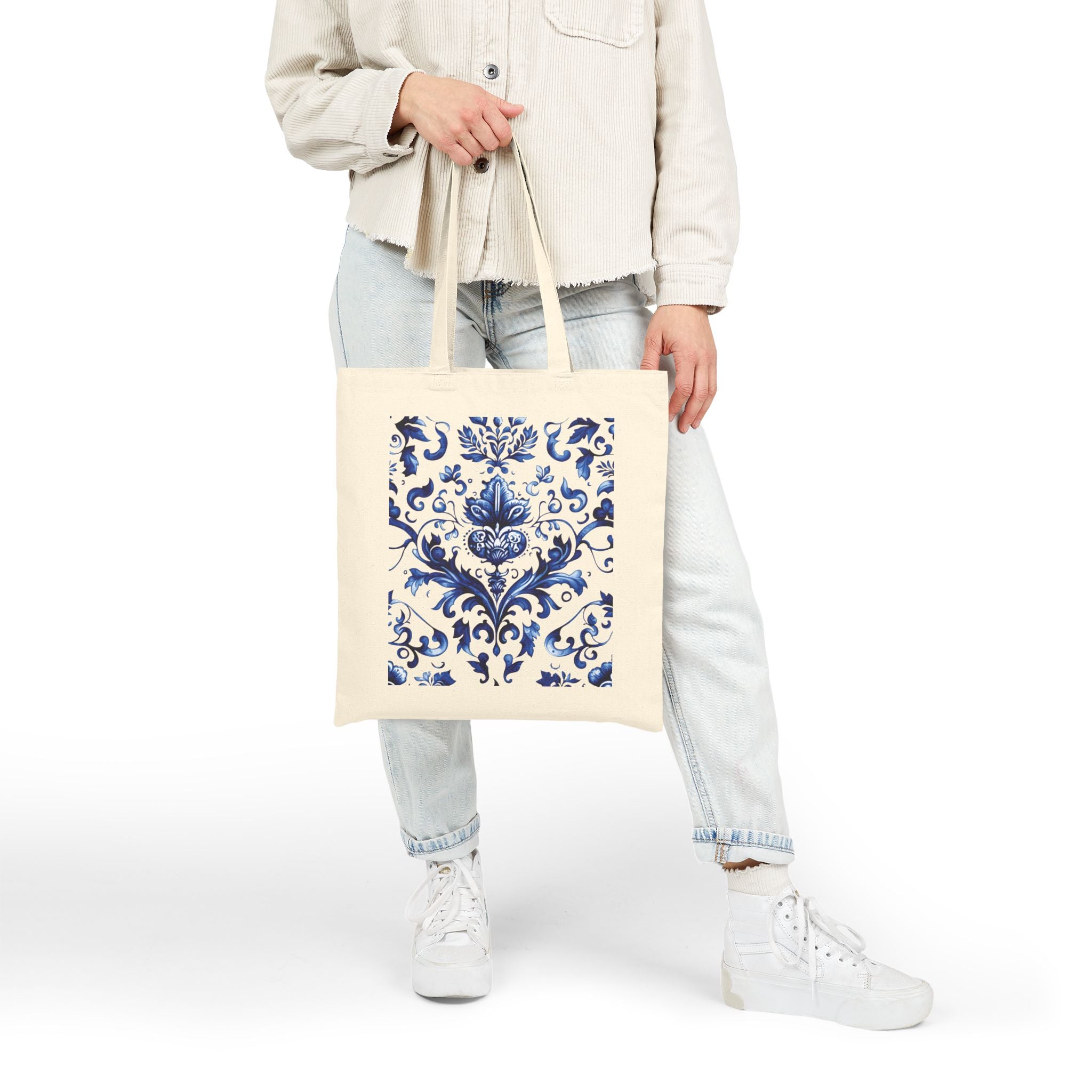 💼 This Lady Knows the Hustle – Blue Chinoiserie Floral Cotton Canvas Tote | Elegant Double-Sided Bag for On-the-Go Women