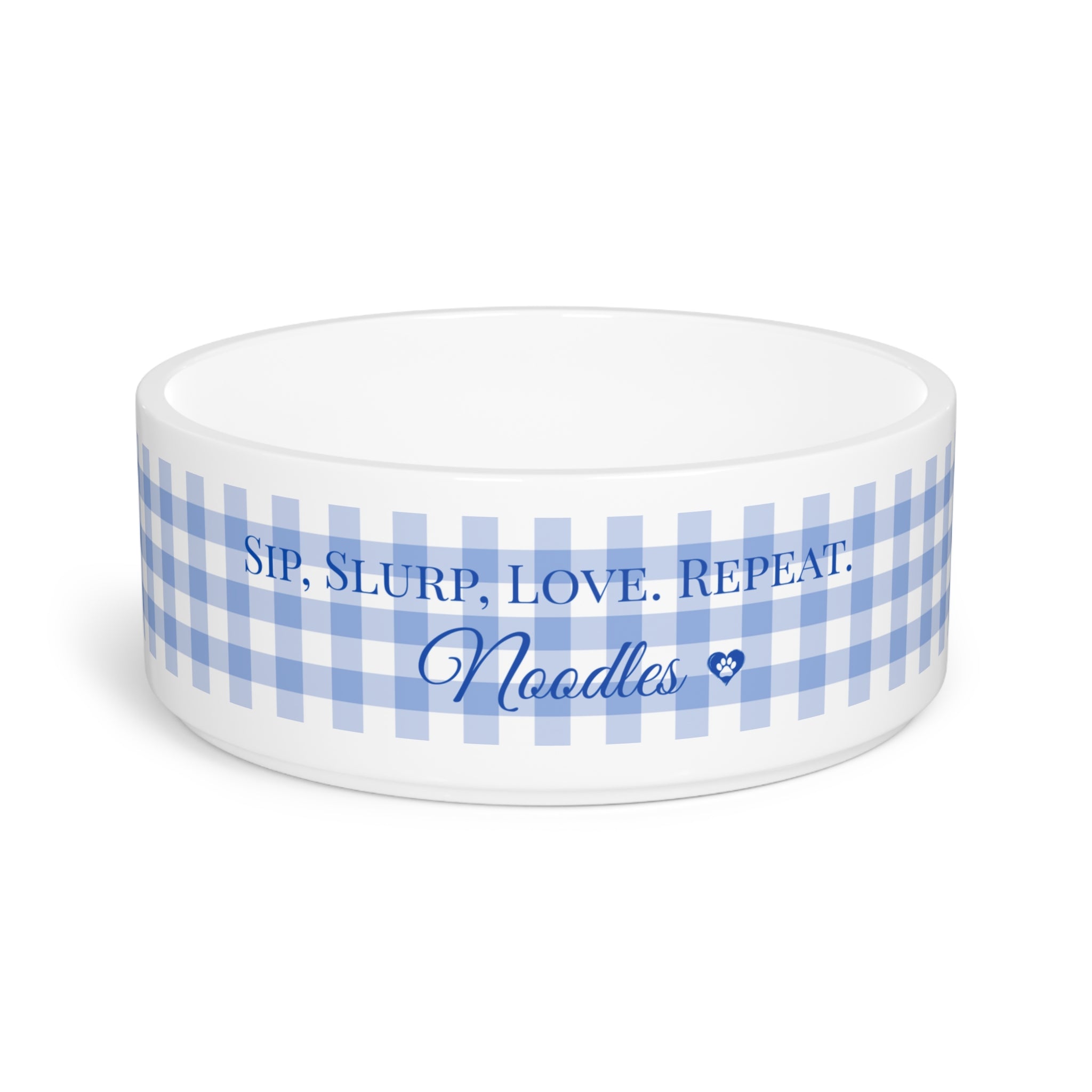 Personalized Dog Water Bowl – “Sip, Slurp, Love. Repeat.” Custom Ceramic Pet Dish with Blue Gingham Design