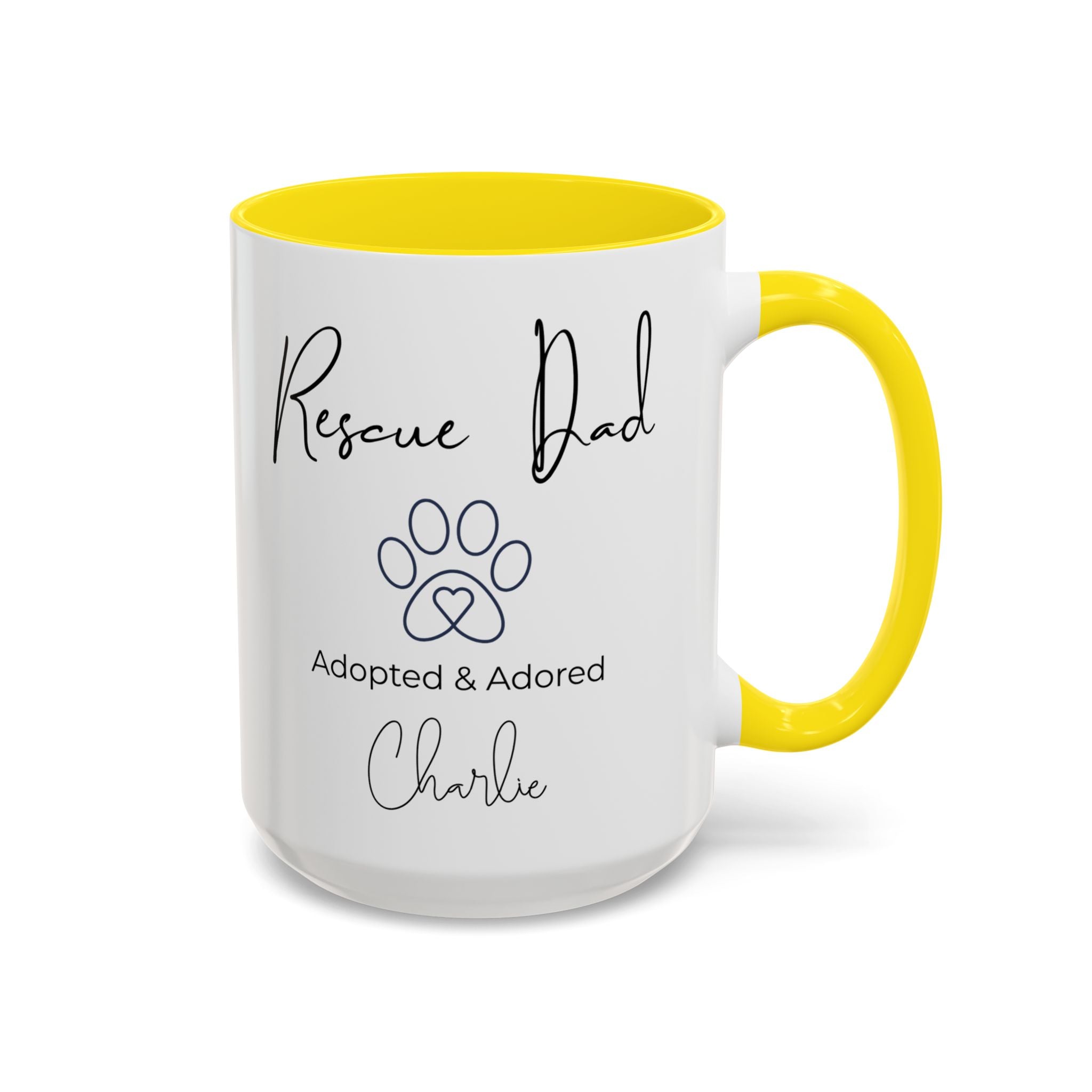 Rescue Dad Mug with Pet Name – Personalized Dog Lover Gift, Adopted & Adored, 15oz Accent Coffee Mug, Dishwasher Safe, USA Made