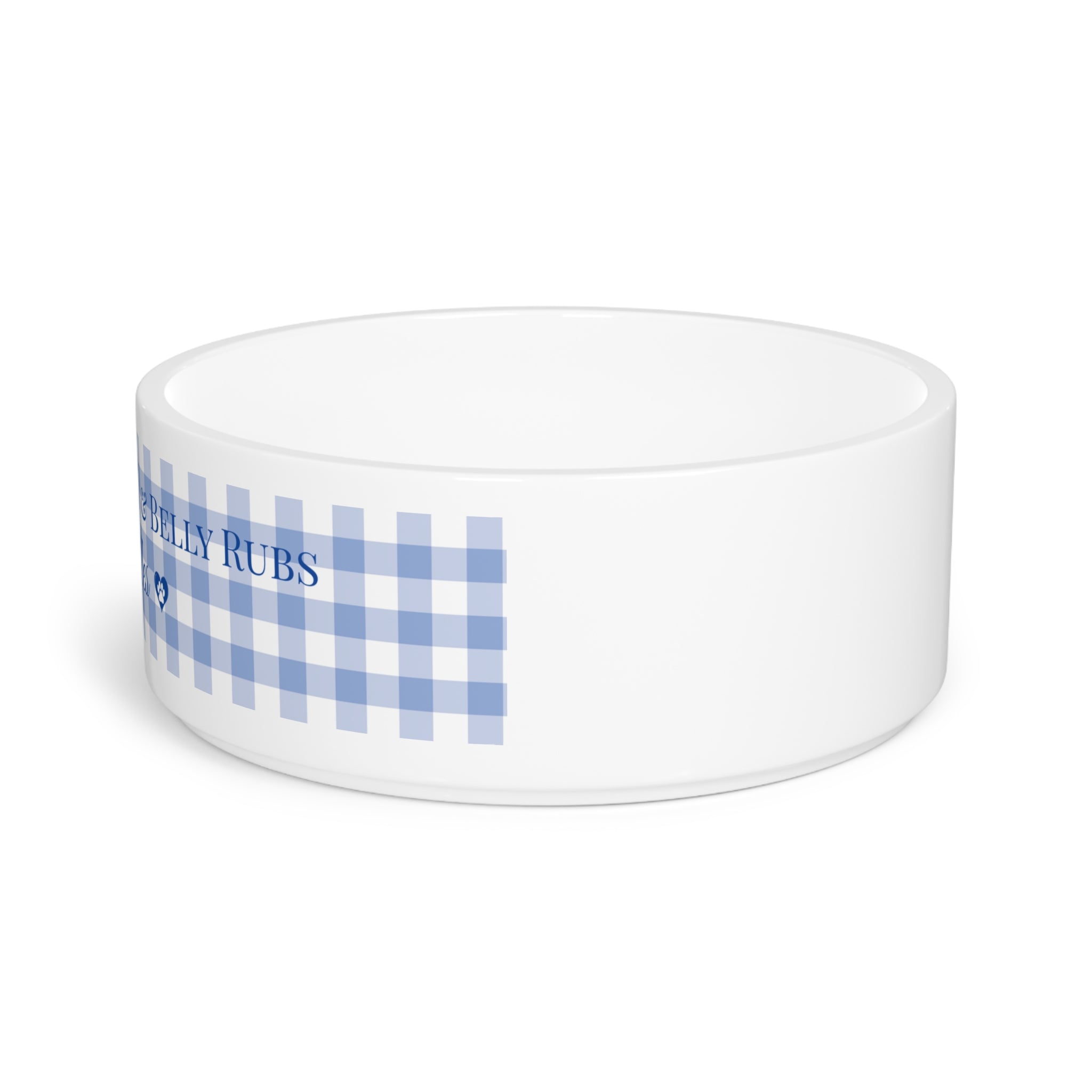 Personalized Dog Food Bowl – “Raised on Biscuits & Belly Rubs” | Custom Ceramic Pet Dish with Blue Gingham Design