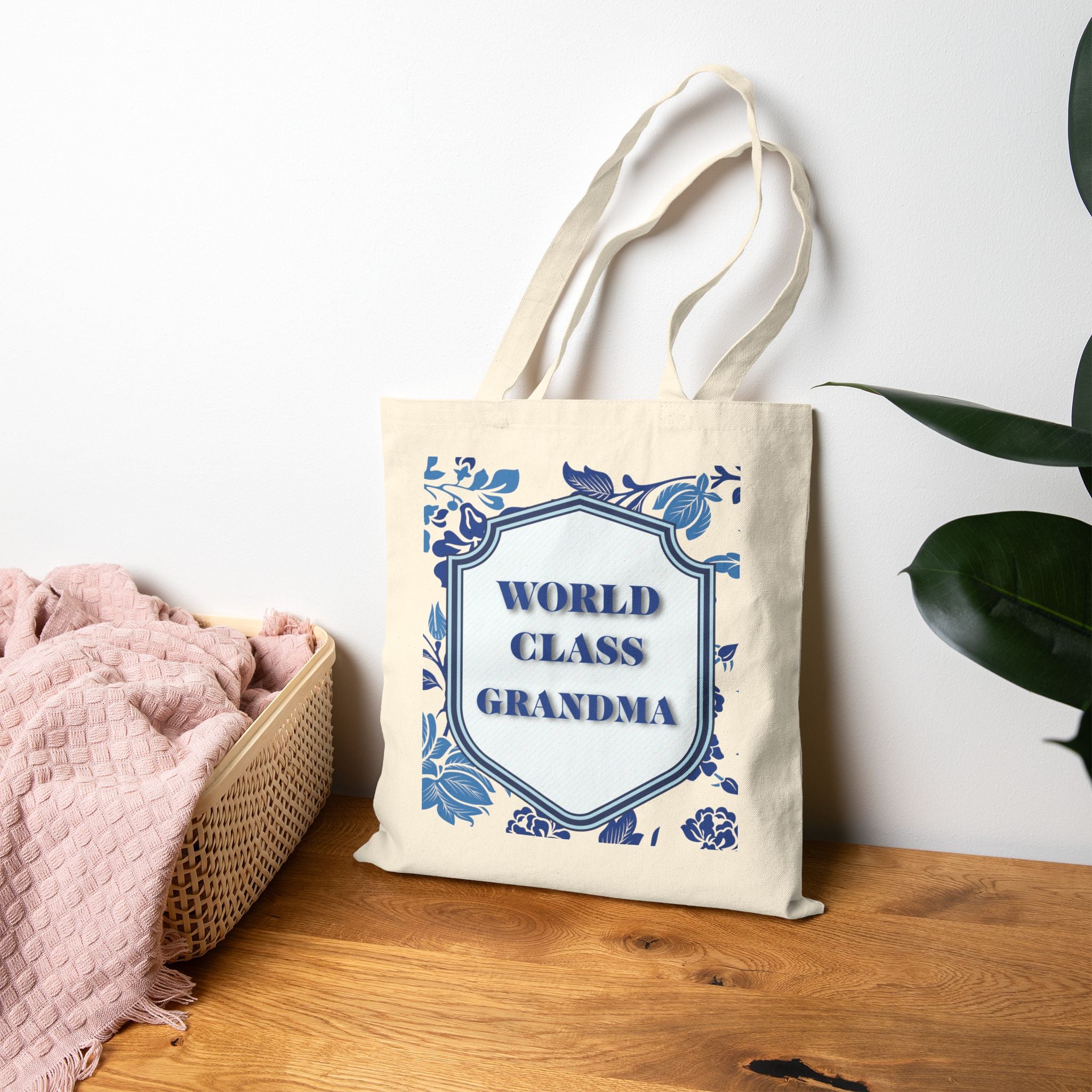 🌸 World Class Grandma Blue Floral Chinoiserie Canvas Tote | Elegant Gift for Grandma