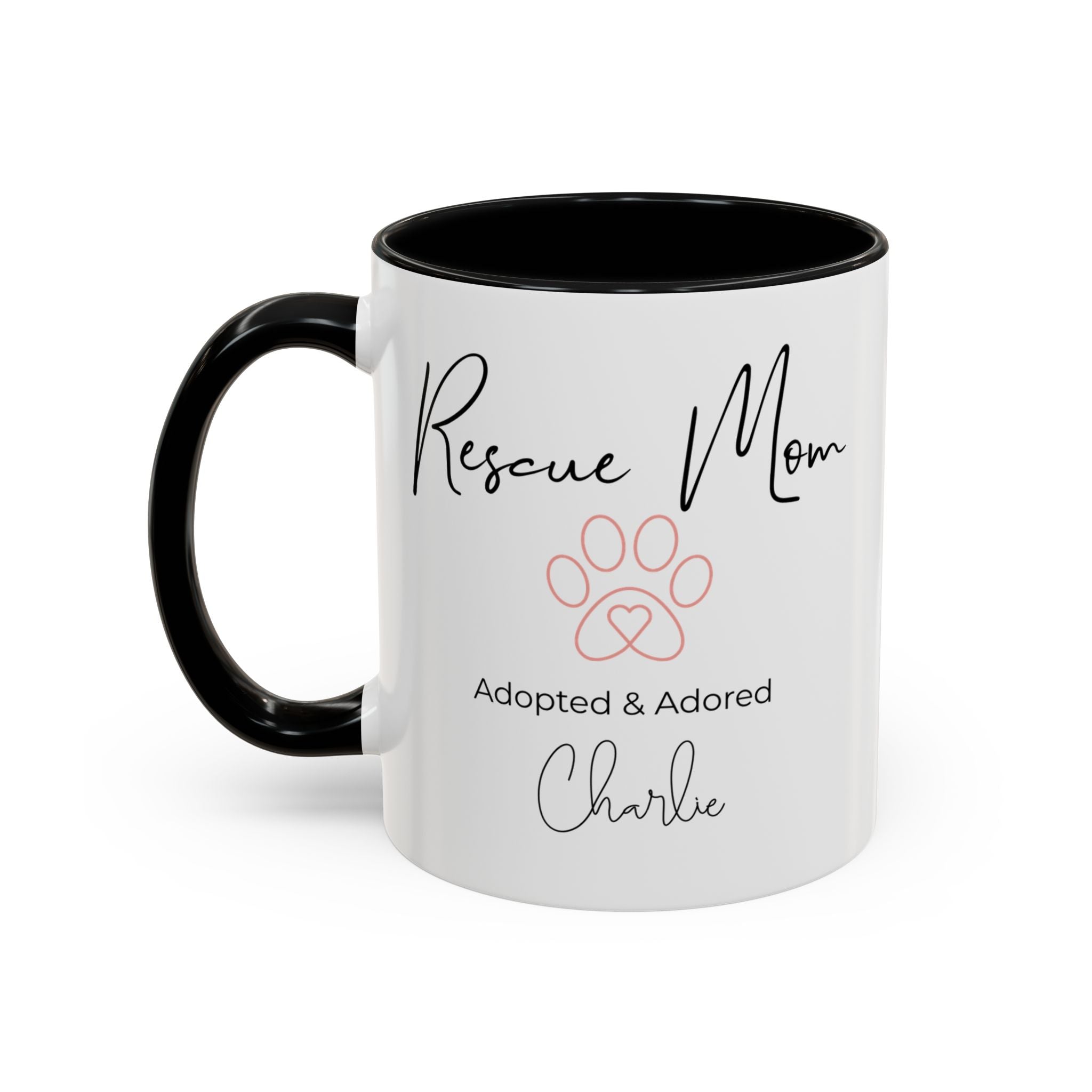 Rescue Mom Mug with Pet Name – Personalized Dog Lover Gift, Adopted & Adored, 15oz Accent Coffee Mug, Dishwasher Safe, USA Made