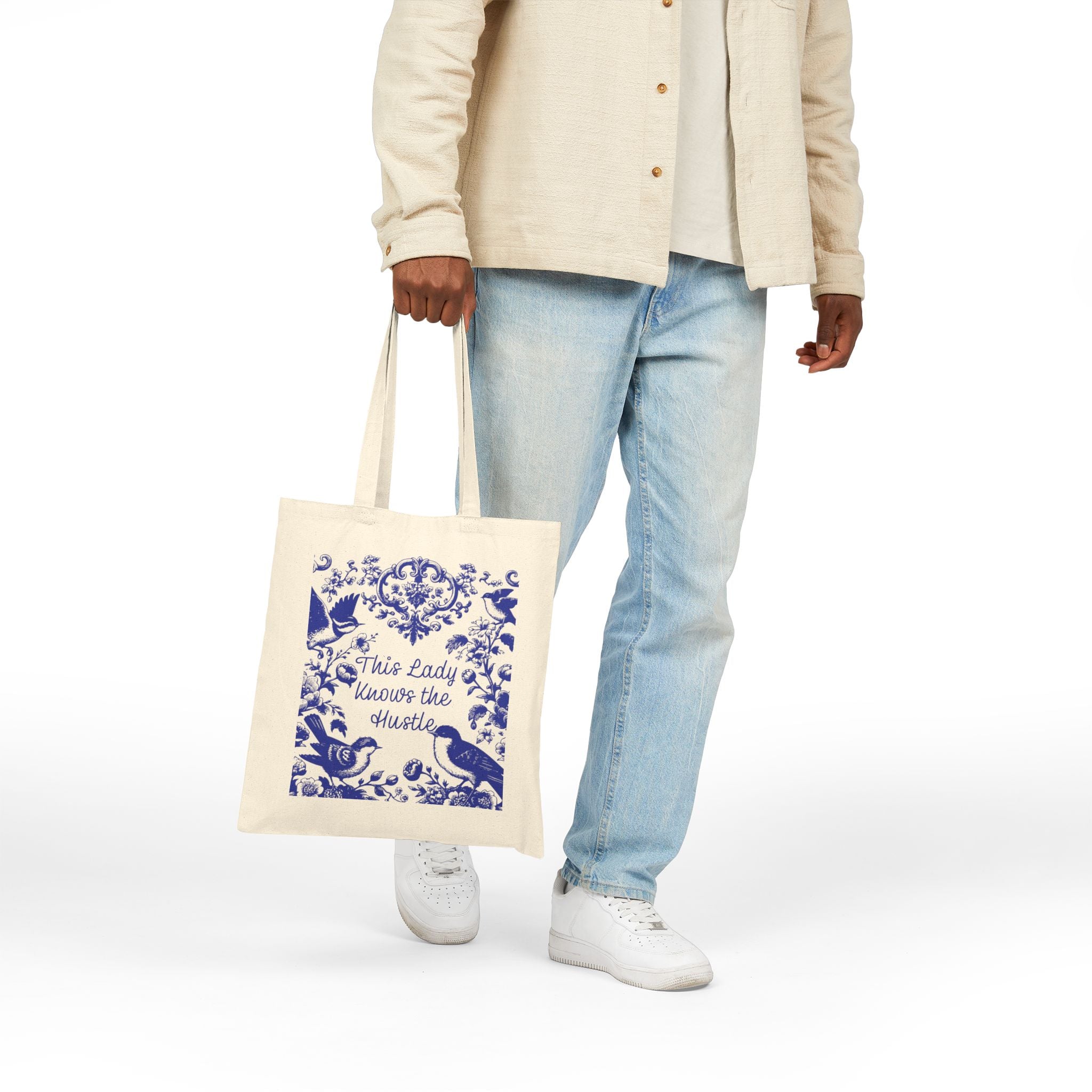 💼 This Lady Knows the Hustle – Blue Chinoiserie Floral Cotton Canvas Tote | Elegant Double-Sided Bag for On-the-Go Women