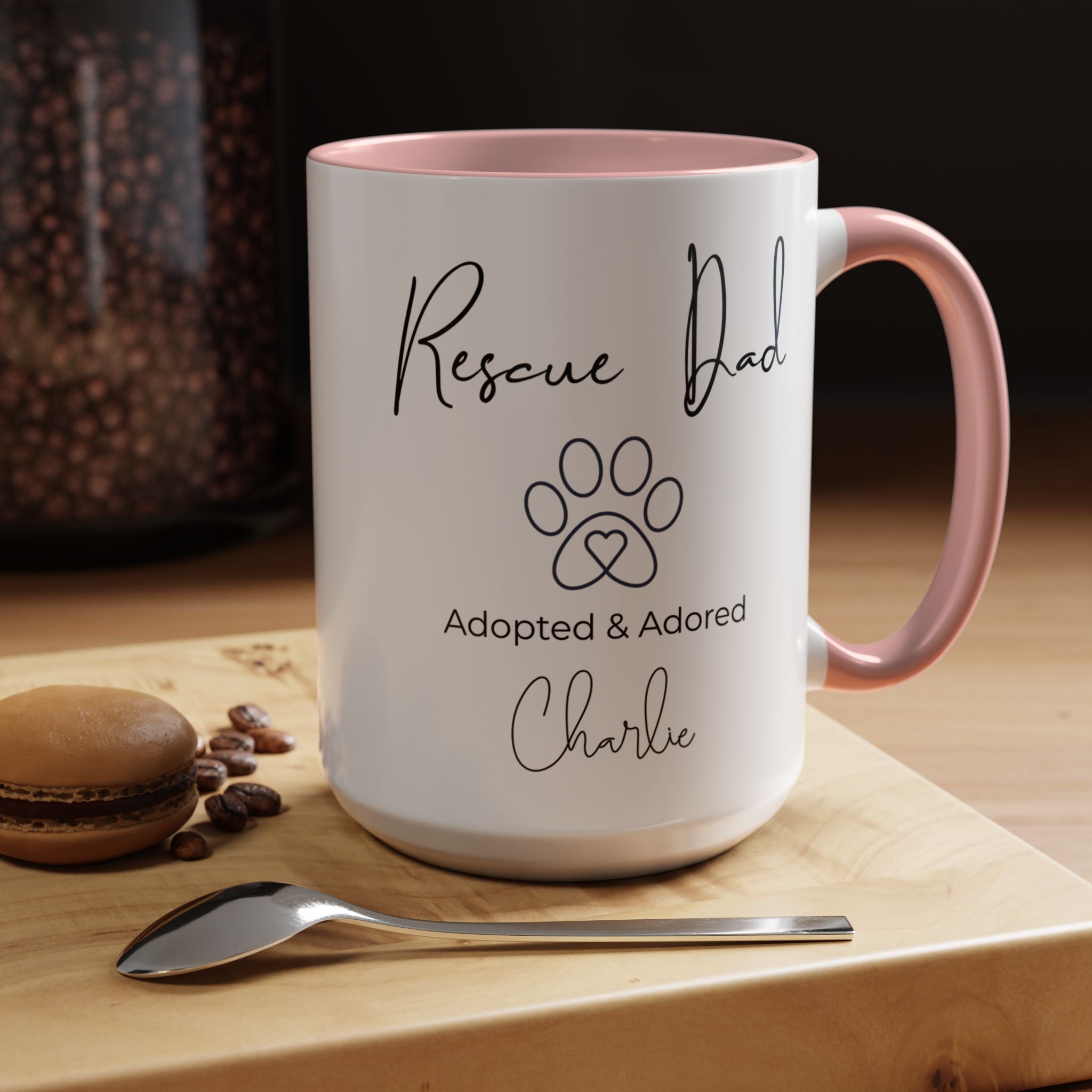 Rescue Dad Mug with Pet Name – Personalized Dog Lover Gift, Adopted & Adored, 15oz Accent Coffee Mug, Dishwasher Safe, USA Made