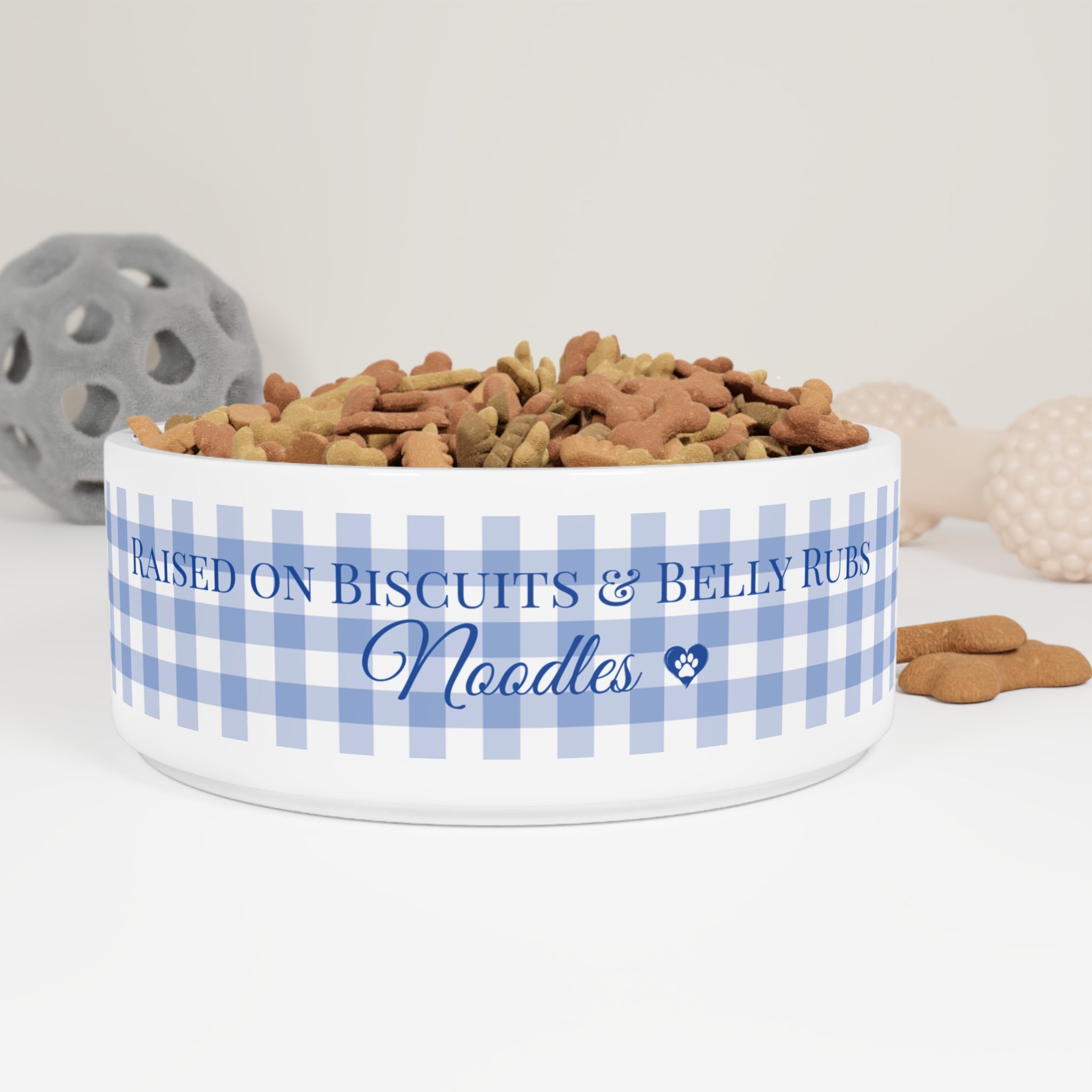 Personalized Dog Food Bowl – “Raised on Biscuits & Belly Rubs” | Custom Ceramic Pet Dish with Blue Gingham Design